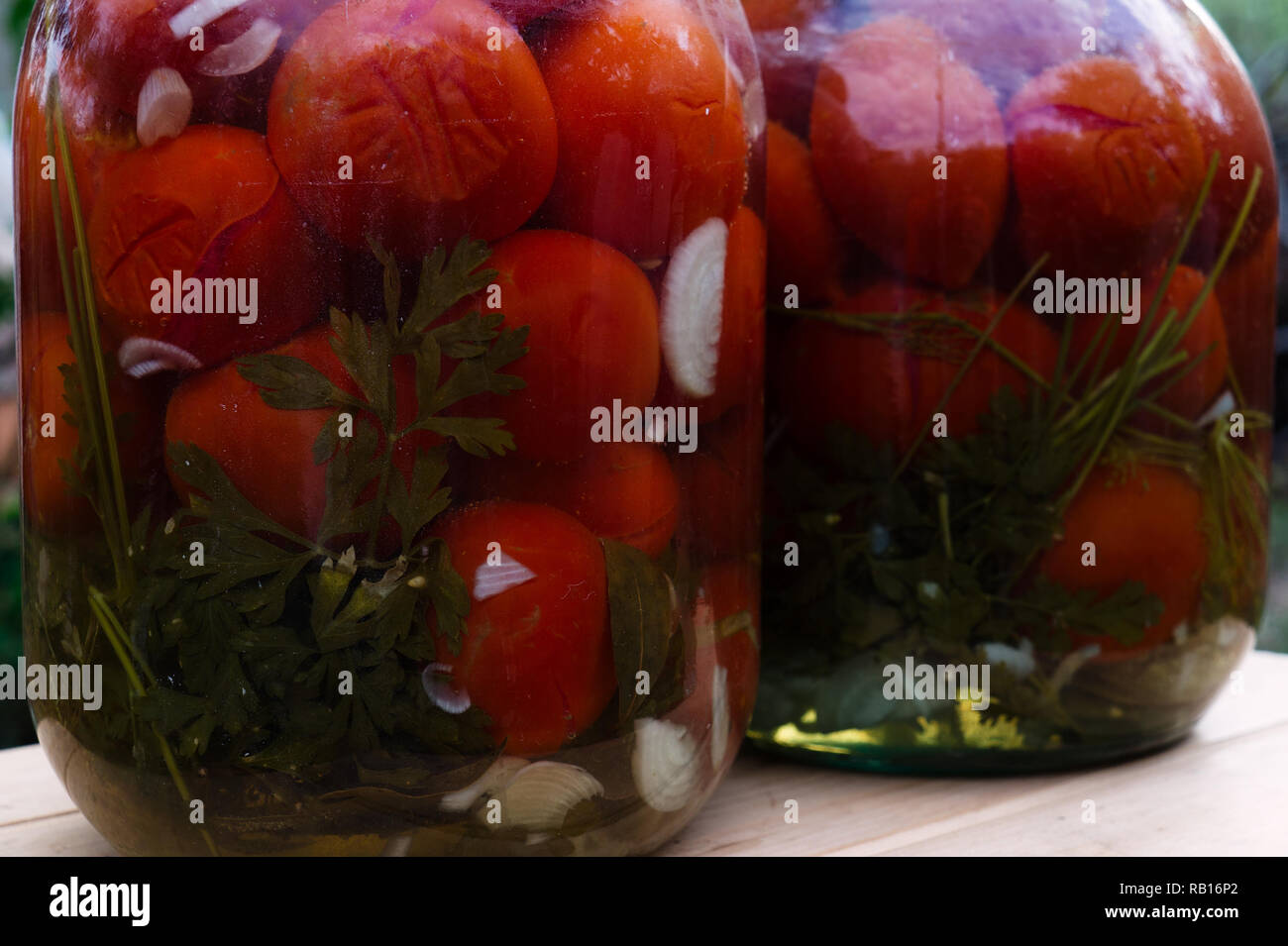 Hausgemachte Konserven Tomaten im Glas sind bereit für den Winter Stockfoto