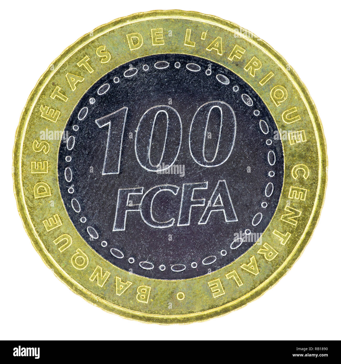 100 Central African Francs Münze in Tschad, Kamerun, Äquatorialguinea, Gabun und anderen verwendet wird Stockfoto