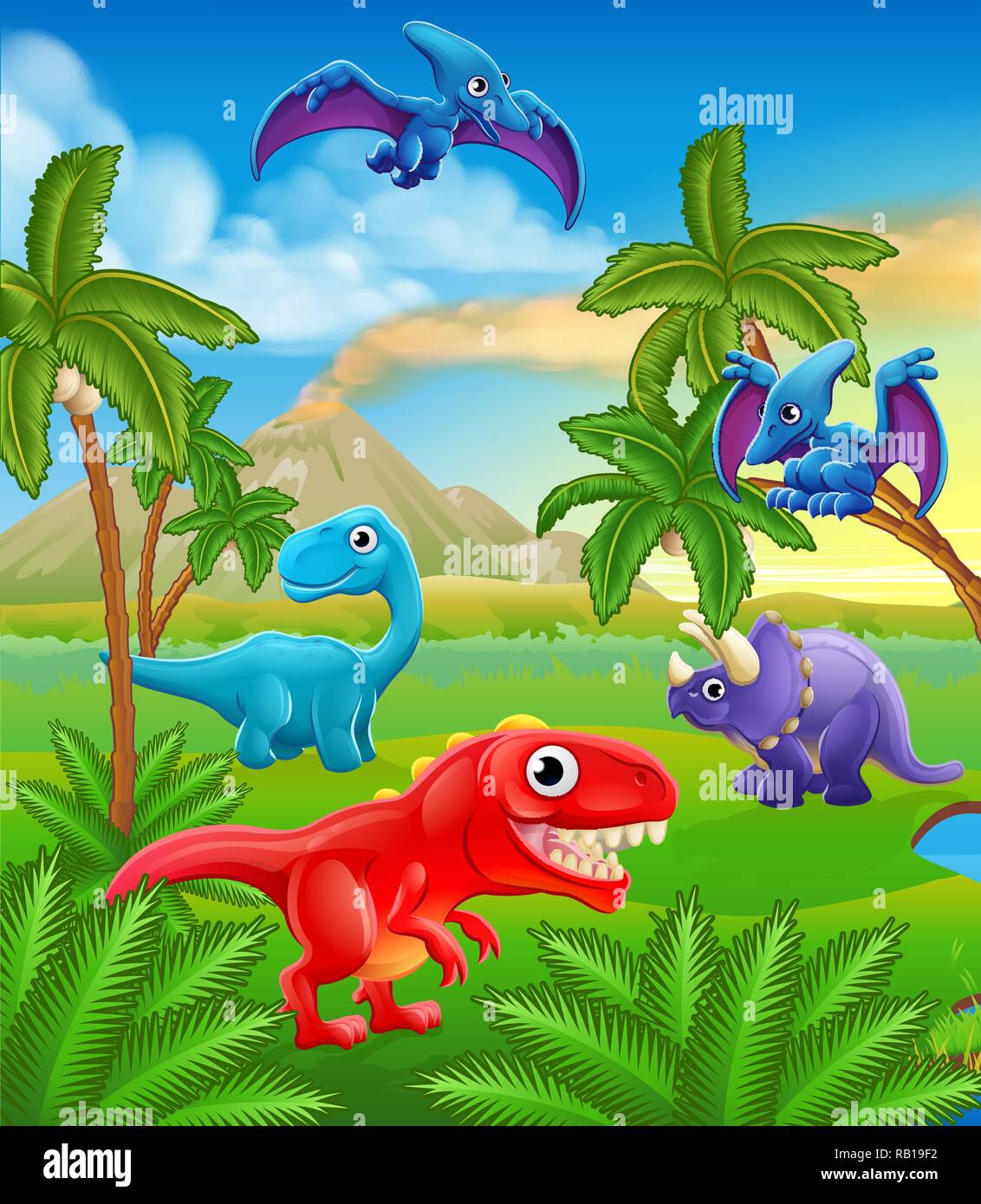 Dinosaurier Cartoon prähistorische Landschaft Szene Stock Vektor