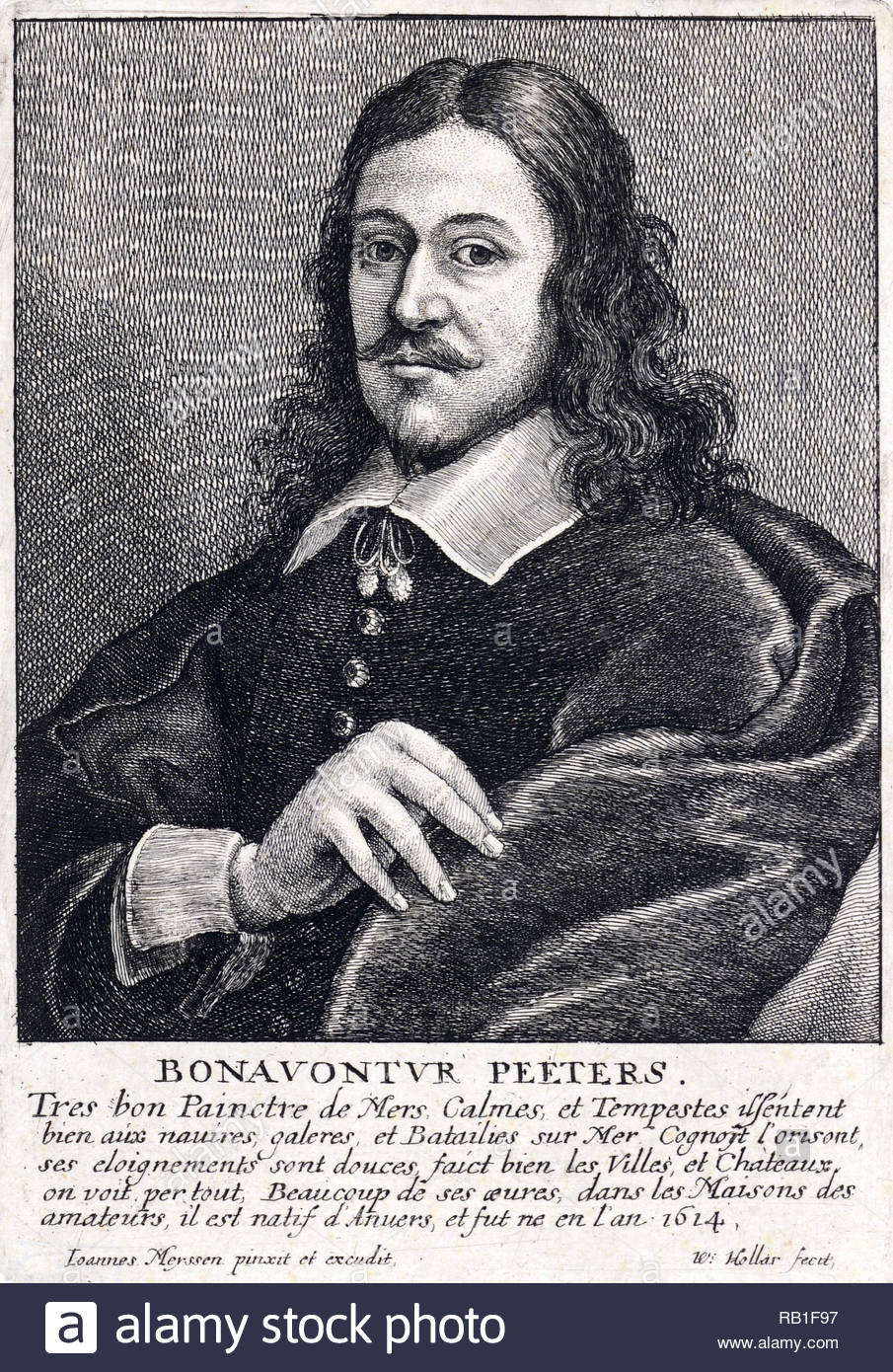 Bonaventura Peeters Portrait, 1614 - 1652, war ein flämischer Maler, Zeichner und Kupferstecher, Radierung von Böhmische Kupferstecher Wenzel Hollar aus 1600s Stockfoto