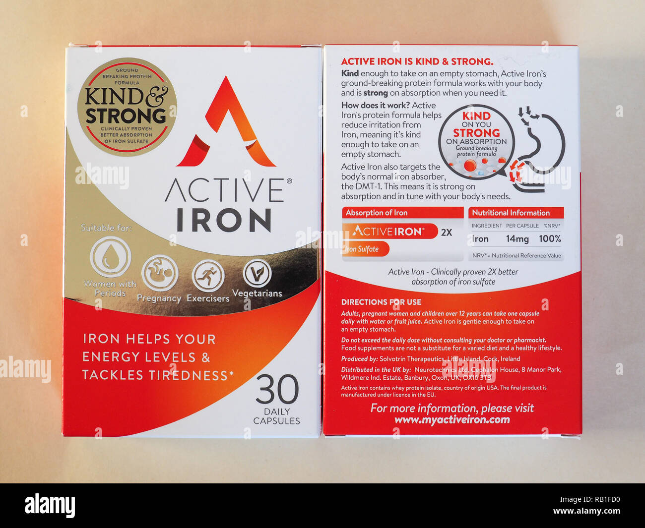 DUBLIN, Irland - ca. Januar 2019: Aktive Eisen ist eine Eisenergänzung für Vegetarier geeignet Stockfoto