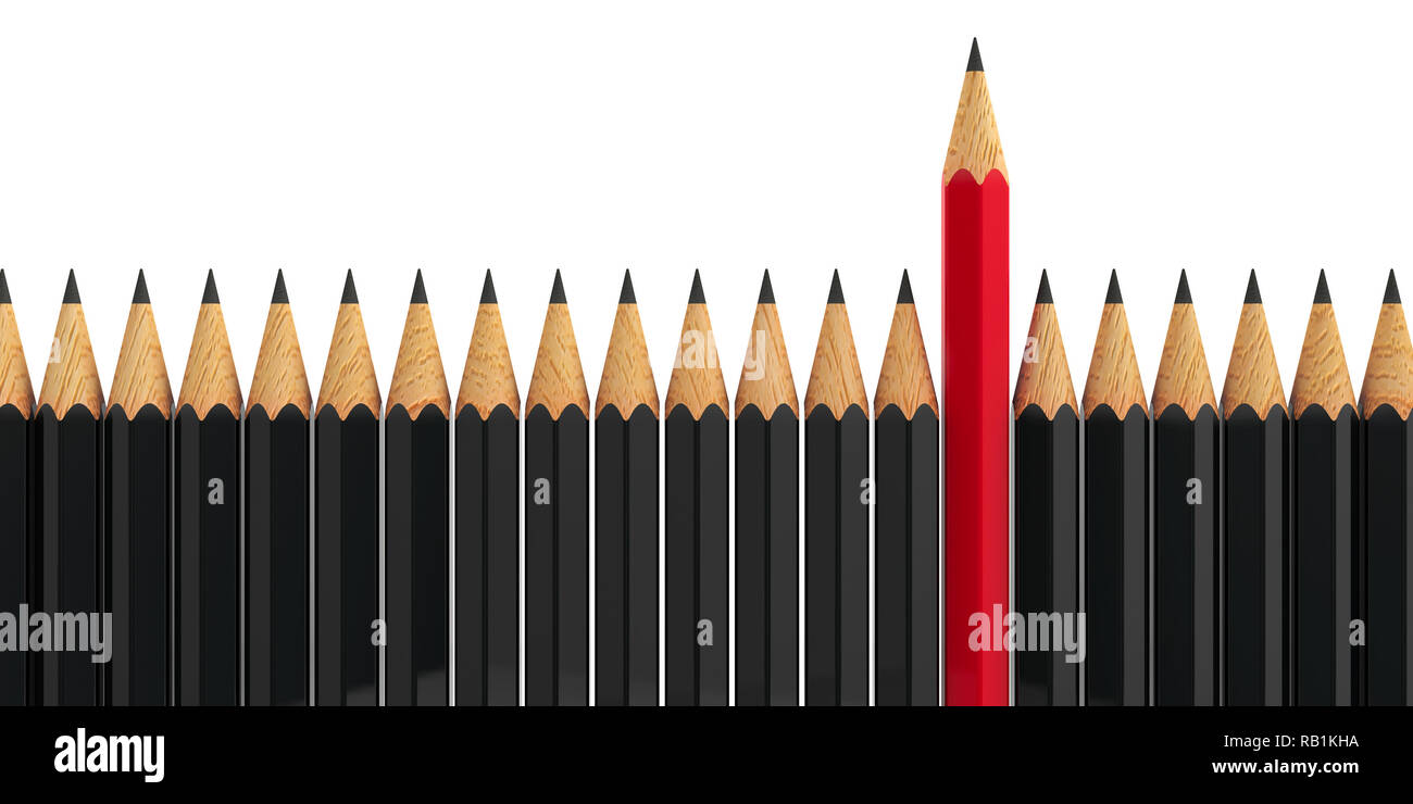 Roter Stift unter schwarzen Bleistifte - konzeptionelle Bild der Individualität, dreidimensionale Rendering, 3D-Darstellung Stockfoto