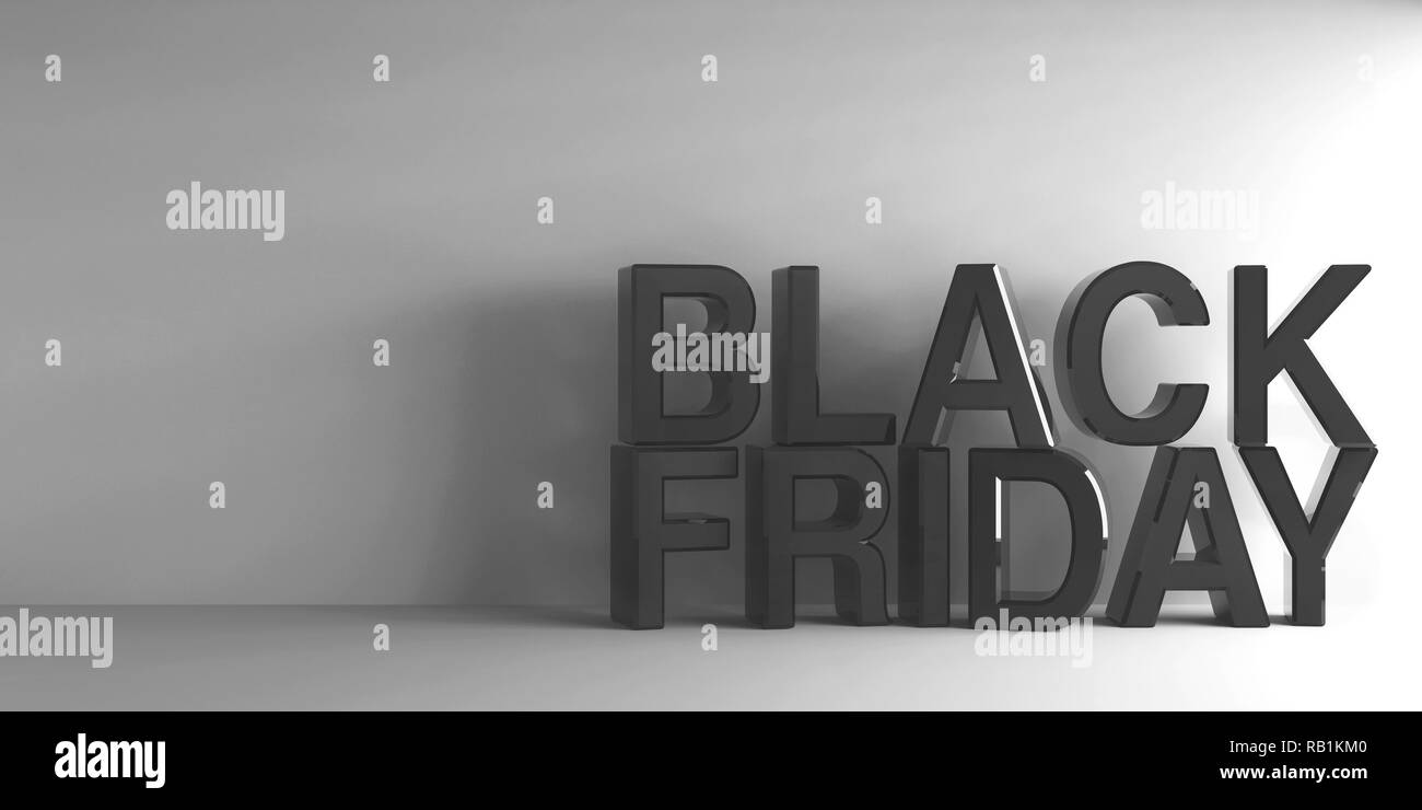 Schwarz Worte Schwarzer Freitag auf grauem Hintergrund, 3D-Rendering, 3D-Darstellung Stockfoto