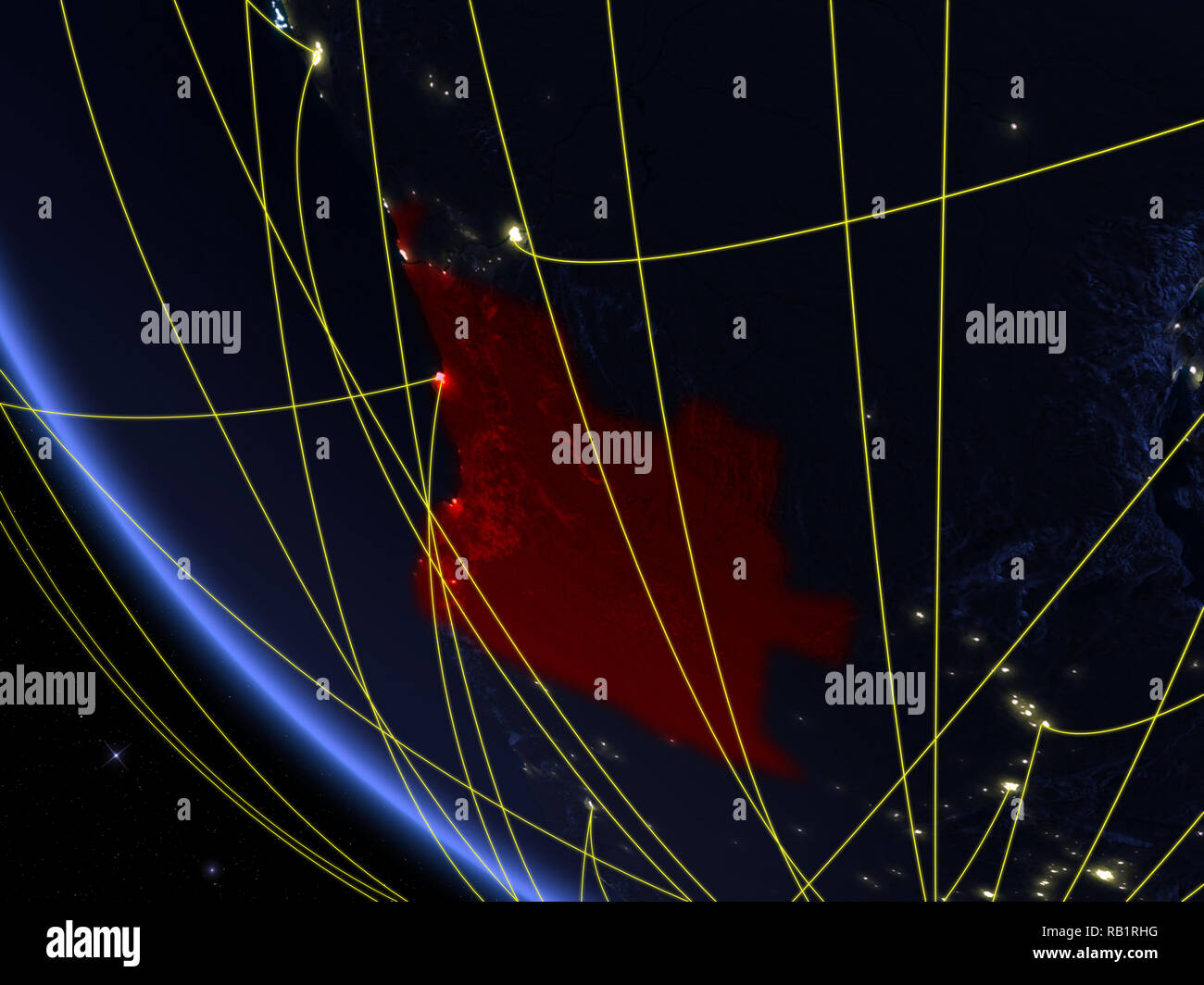 Angola auf dem Planeten Erde aus dem Weltraum bei Nacht mit Netzwerk. Konzept der internationalen Kommunikation, Technik und Reisen. 3D-Darstellung. Elemente der t Stockfoto