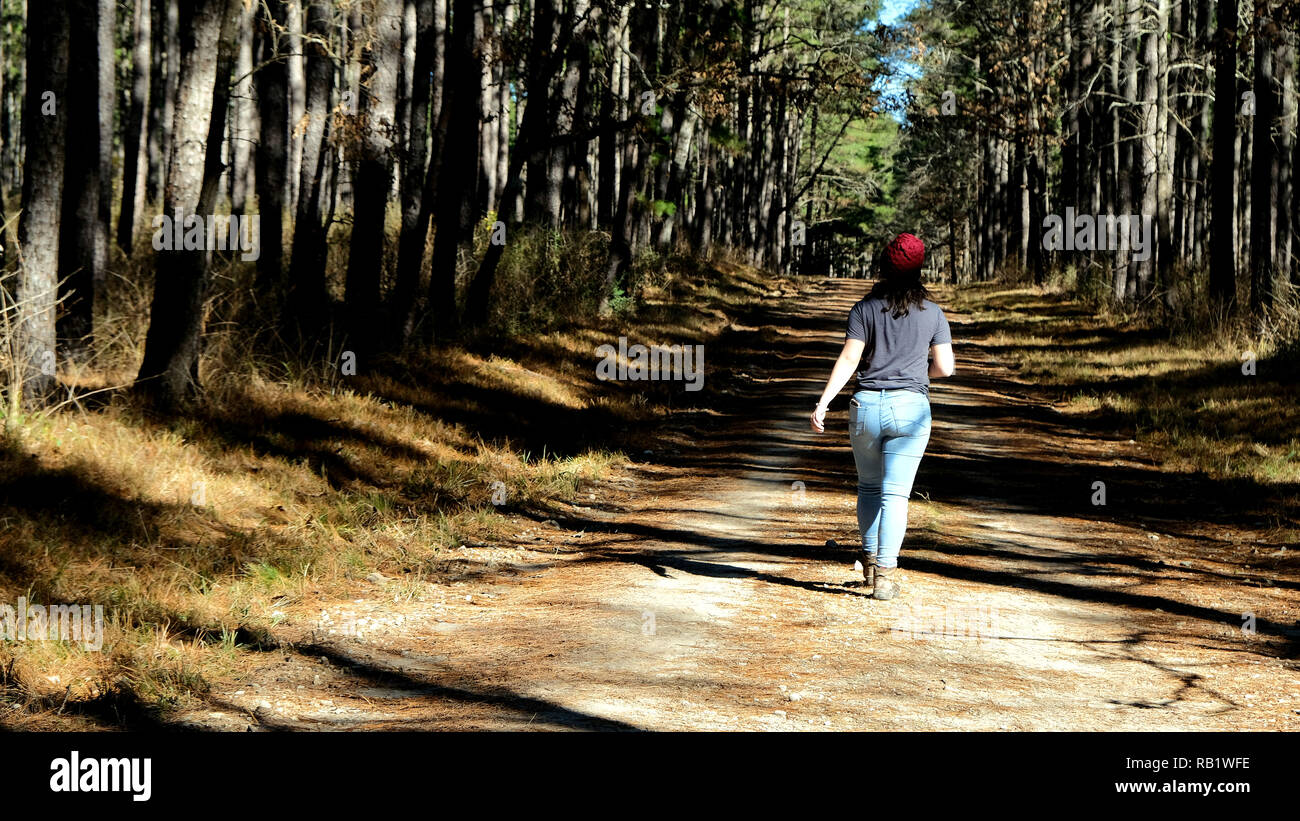 Junge weibliche Wanderer allein zu Fuß auf einer Zufahrtsstraße / Trail in der Sam Houston National Forest in Texas. Stockfoto