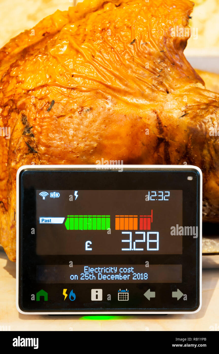 Ein Smart Meter zeigt Strom am Weihnachtstag mit geschnitzten Türkei im Hintergrund. Stockfoto