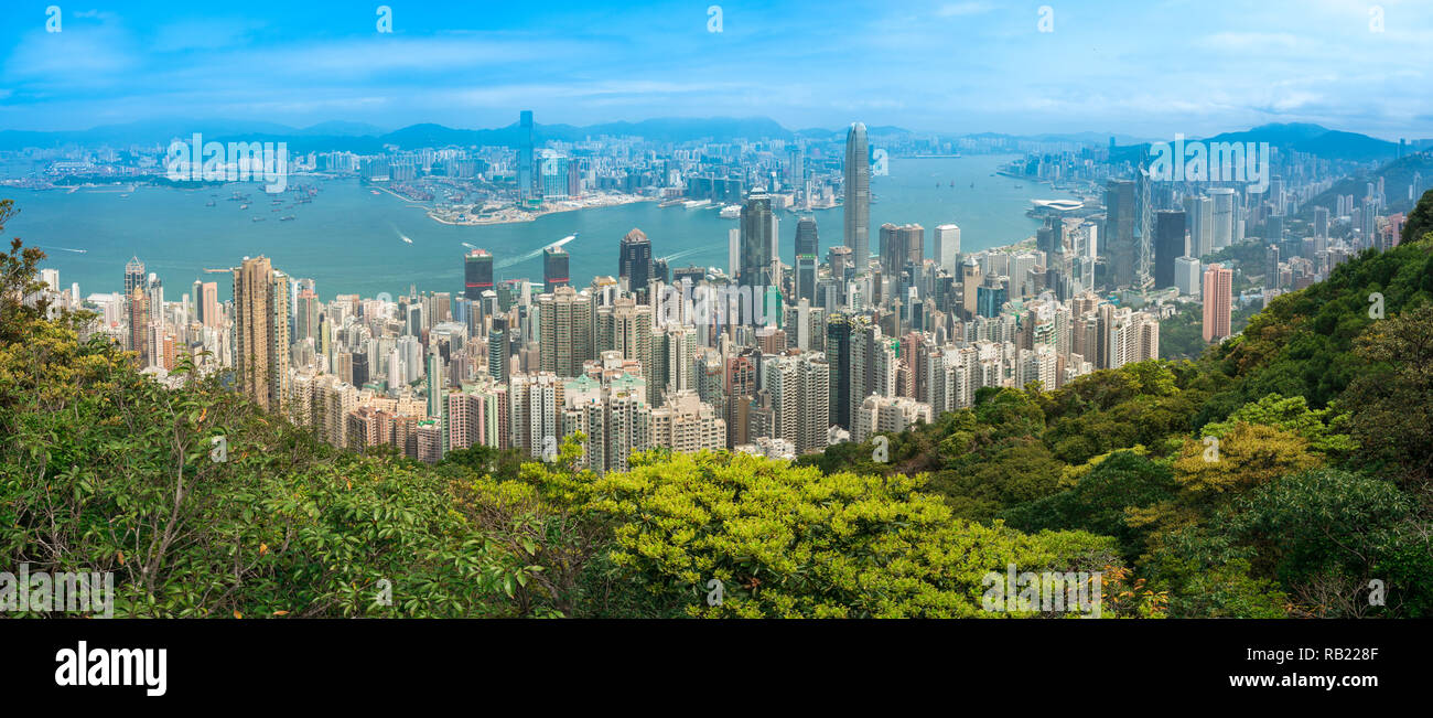 Hong Kong Skyline tag zeit Blick vom Victoria Peak, Panorama. Stockfoto