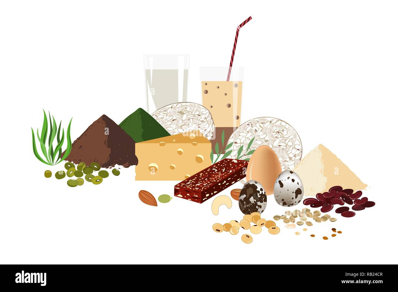 Vegetarische gesunde Ernährung Konzept. Satz von rohen Samen, Müsliriegel, Bohnen und Milch productds. Protein Hintergrund. Stock Vektor