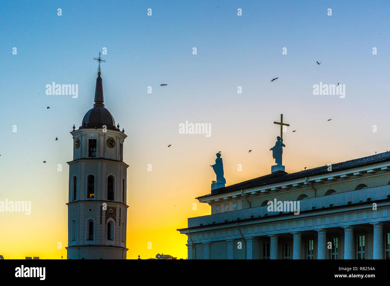Sonnenuntergang mit Vögeln um eine katholische Kirche in Vilnius, der Hauptstadt von Litauen ...