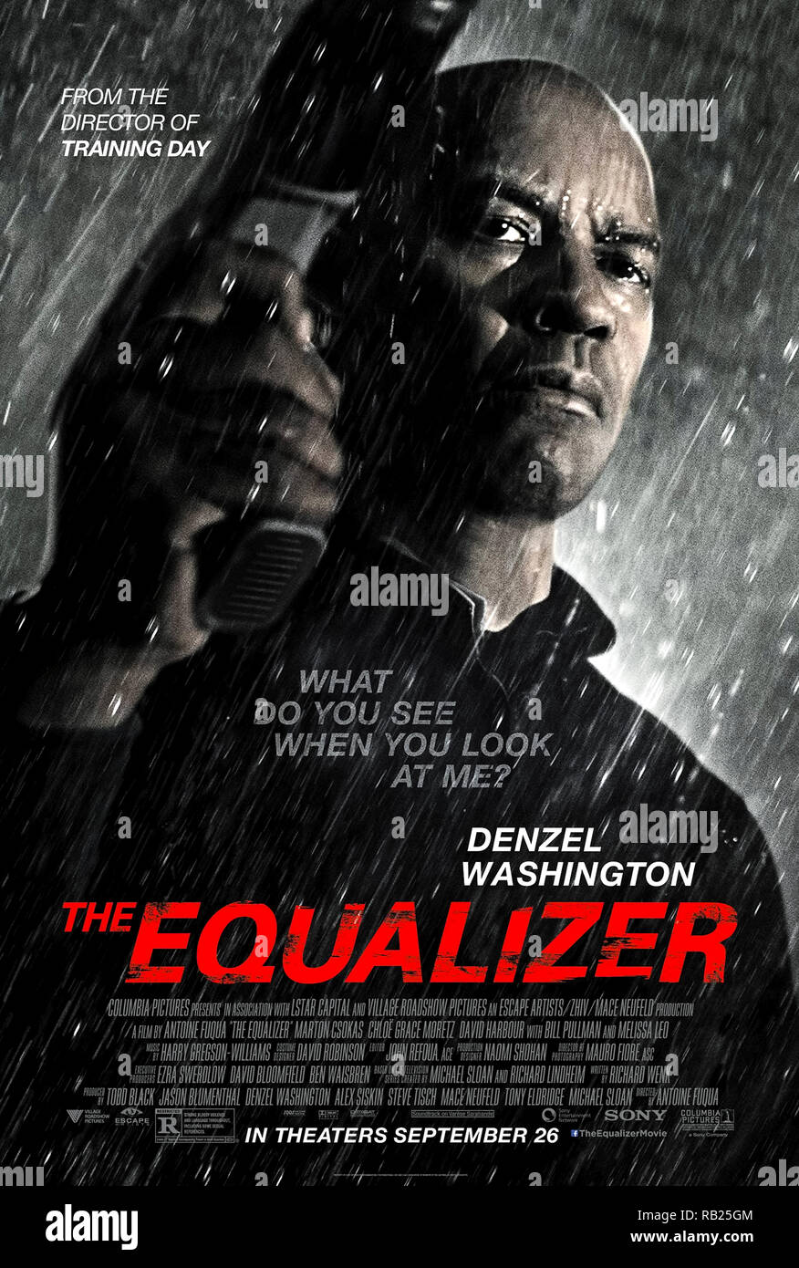 Der Equalizer (2014) von Antoine Fuqua Regie und Hauptdarsteller Denzel Washington, Marton Csokas und Chloë Grace Moretz. Ein ehemaliger Black Ops commando dreht Vigilante hilft Opfern von Verbrechen. Stockfoto