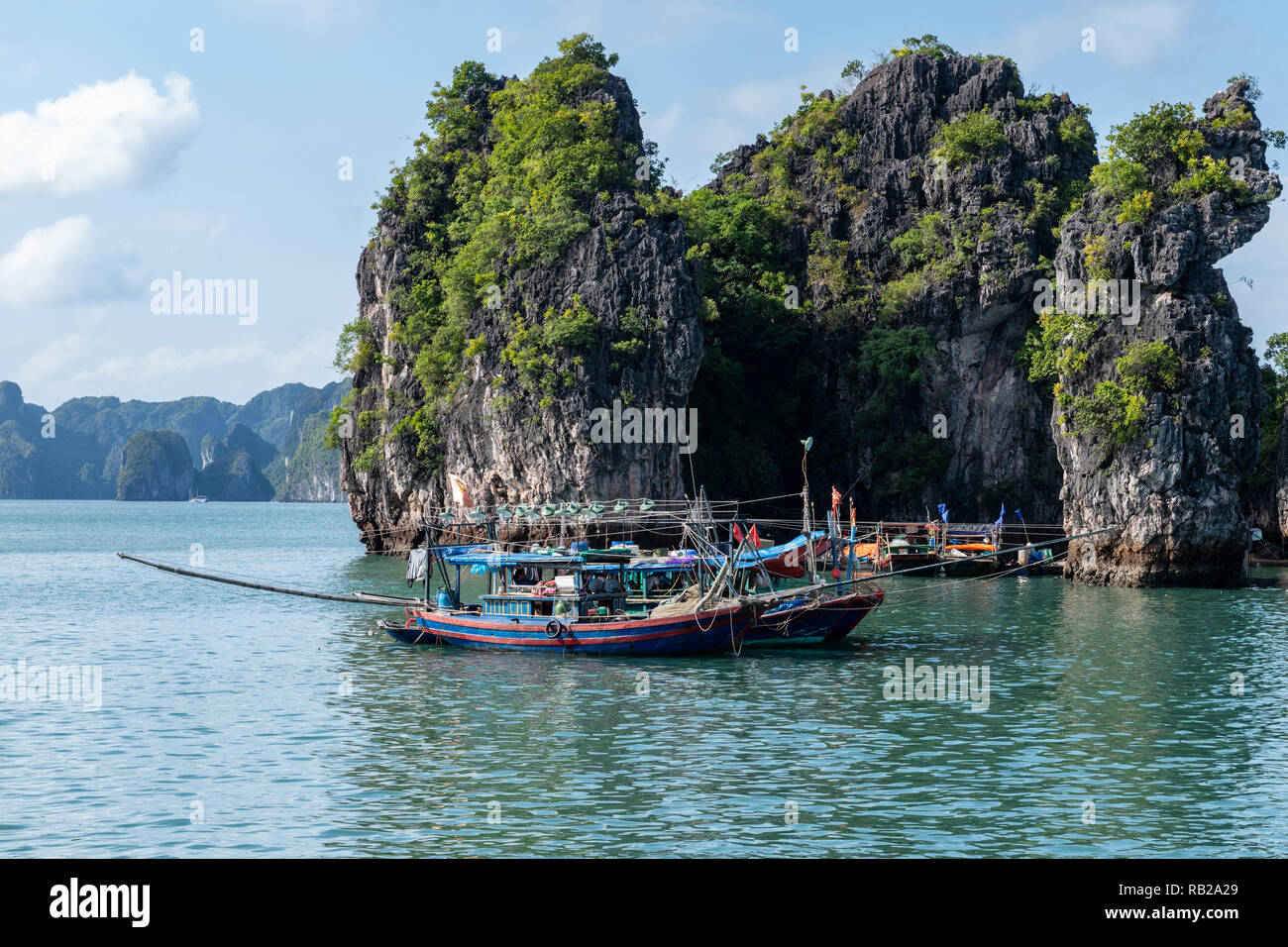 Squid Fischerboot auf Halong Bay, Vietnam Stockfoto