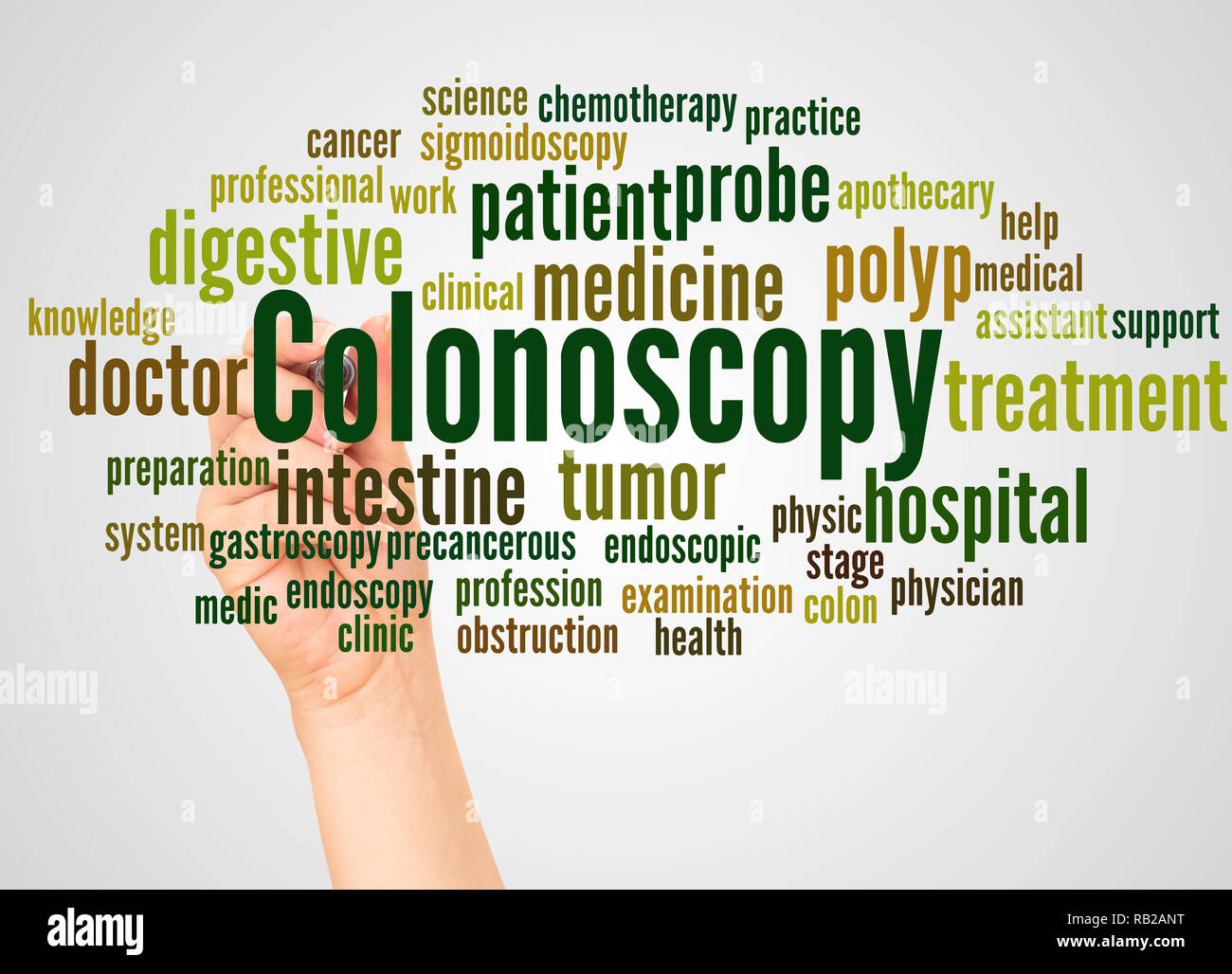 Colonoscopy Wort cloud und Hand mit Marker Konzept auf weißem Hintergrund. Stockfoto