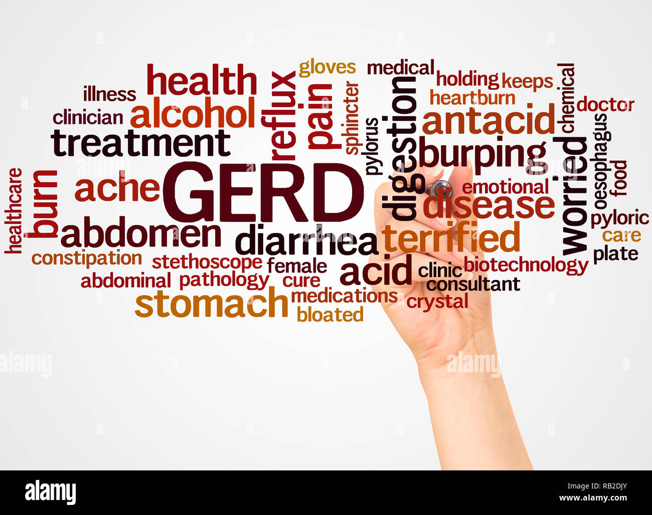 GERD - gastroösophageale Refluxkrankheit, Word cloud und Hand mit Marker Konzept auf weißem Hintergrund. Stockfoto