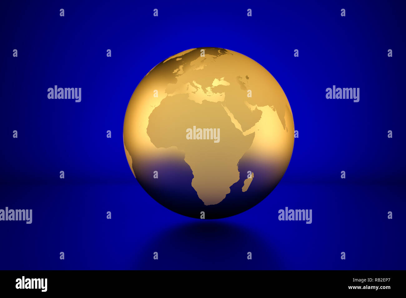 3D-Render: Golden Globe Afrika Übersicht vor blauem Hintergrund Stockfoto