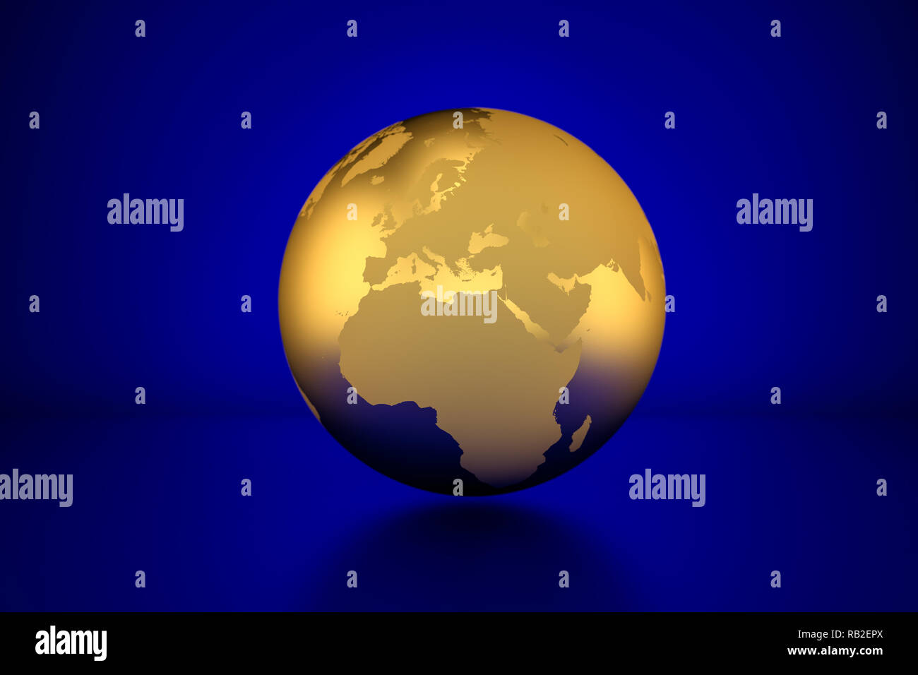 3D-Render: Golden Globe Europe zeigt vor blauem Hintergrund Stockfoto