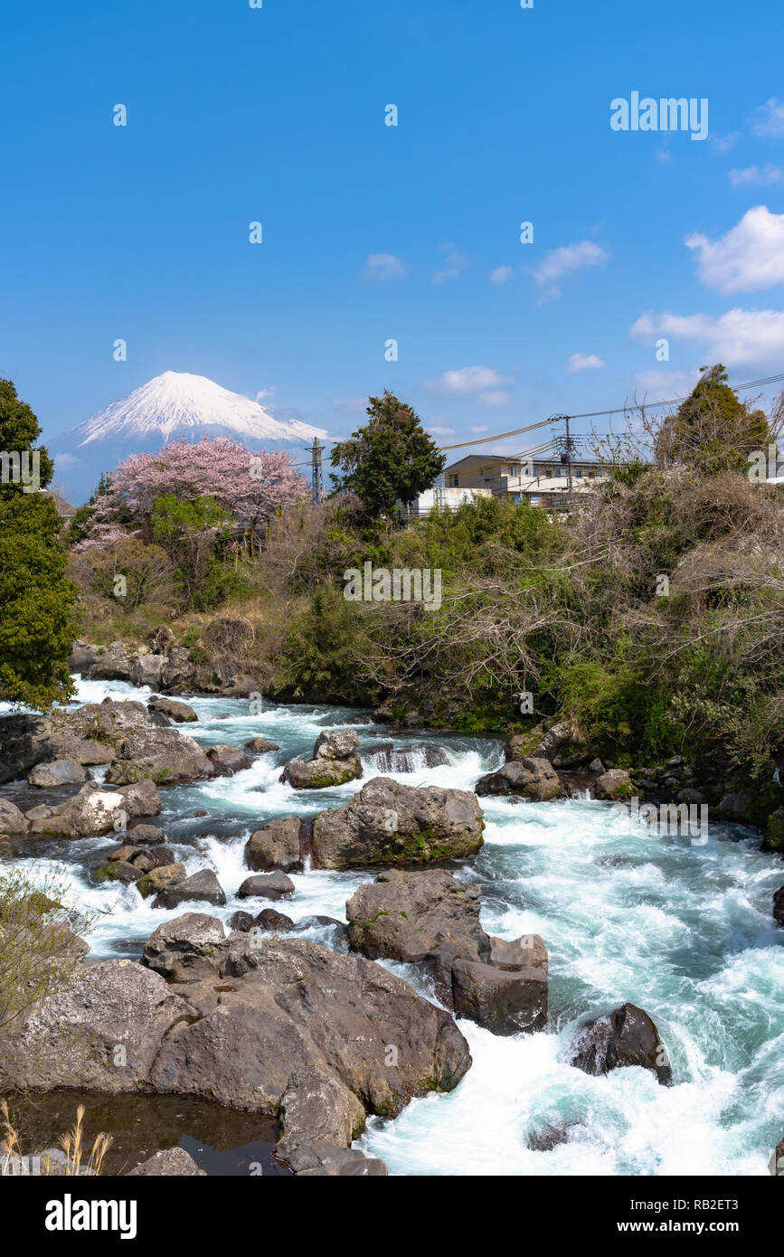 Blick auf Mount Fuji mit Uruigawa River bei Ryuganbuchi, Shizuoka, Japan. Stockfoto