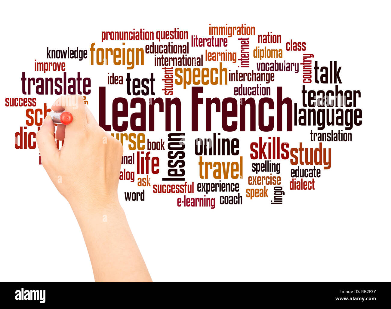 Lernen Sie Französisch Wort cloud hand Konzept Schrift auf weißen Hintergrund. Stockfoto