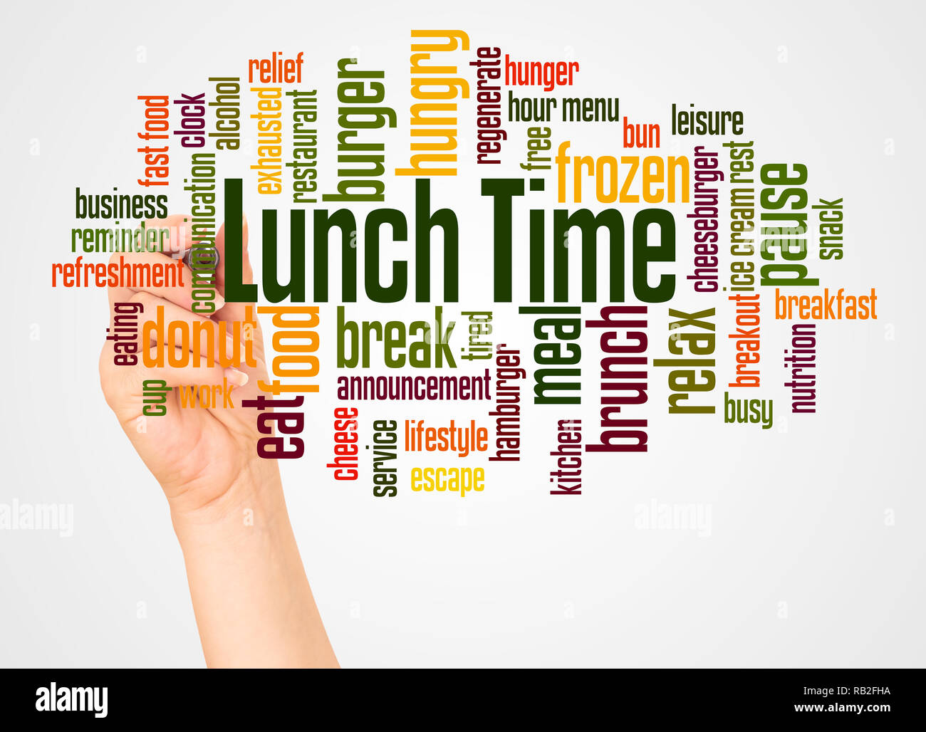 Mittagessen Zeit word Cloud und Hand mit Marker Konzept auf weißem Hintergrund. Stockfoto