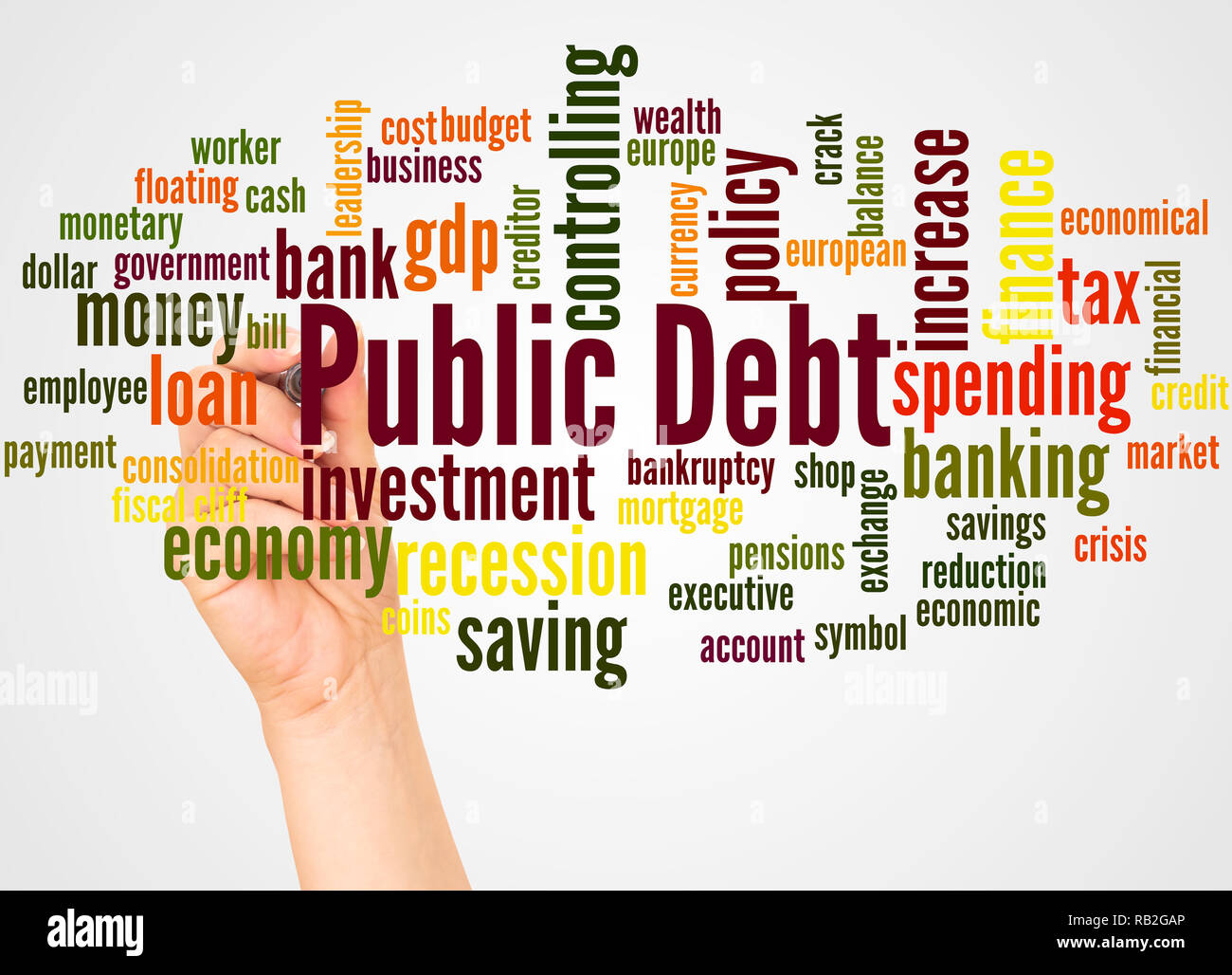 Wort Wolke und Schulden der öffentlichen Hand mit Marker Konzept auf weißem Hintergrund. Stockfoto