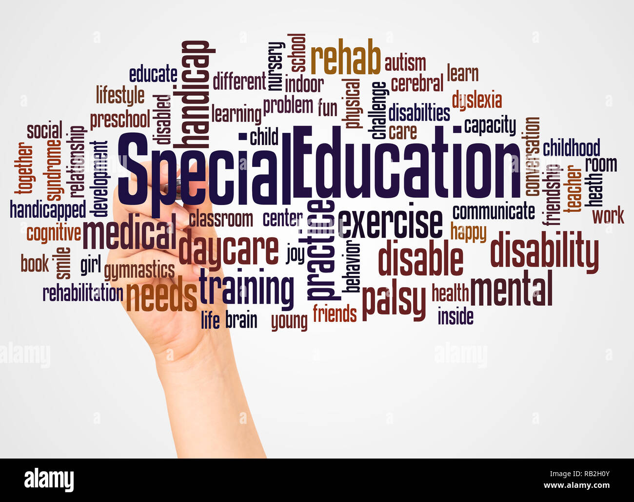 Special Education Wort cloud und Hand mit Marker Konzept auf weißem Hintergrund. Stockfoto