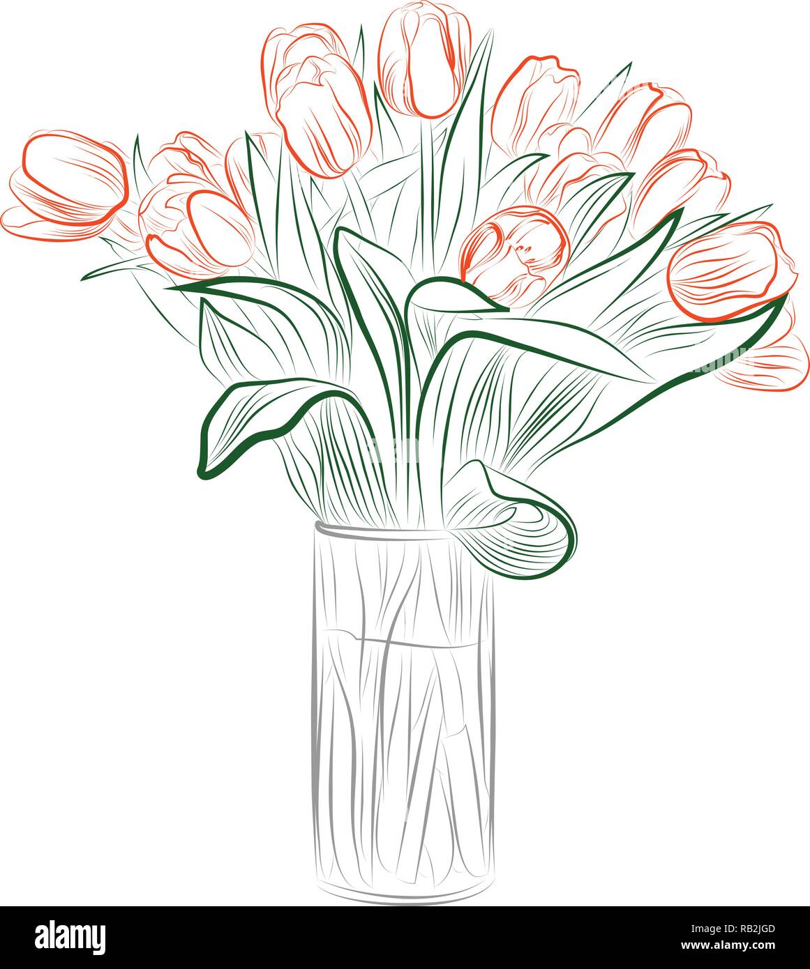 Feine Zeichnung der Vase voller Tulpen Stock Vektor