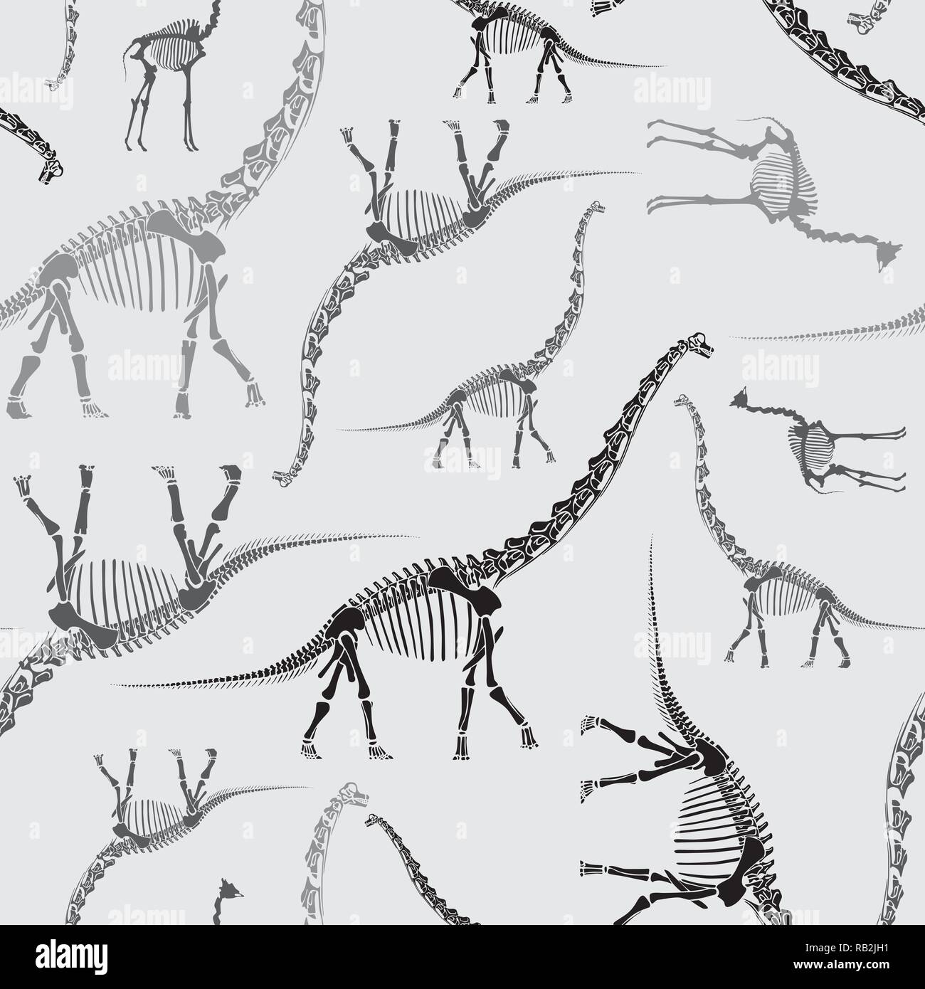 Dinosaurier Skelett Handdrawn nahtlose Muster in Graustufen Stock Vektor