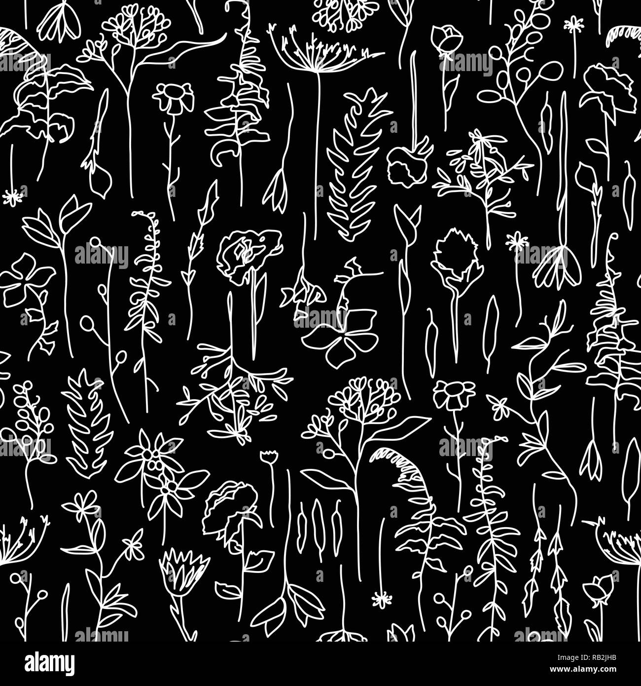 Blumen Hand gezeichnet Nahtlose Linie Muster auf Schwarz Stock Vektor