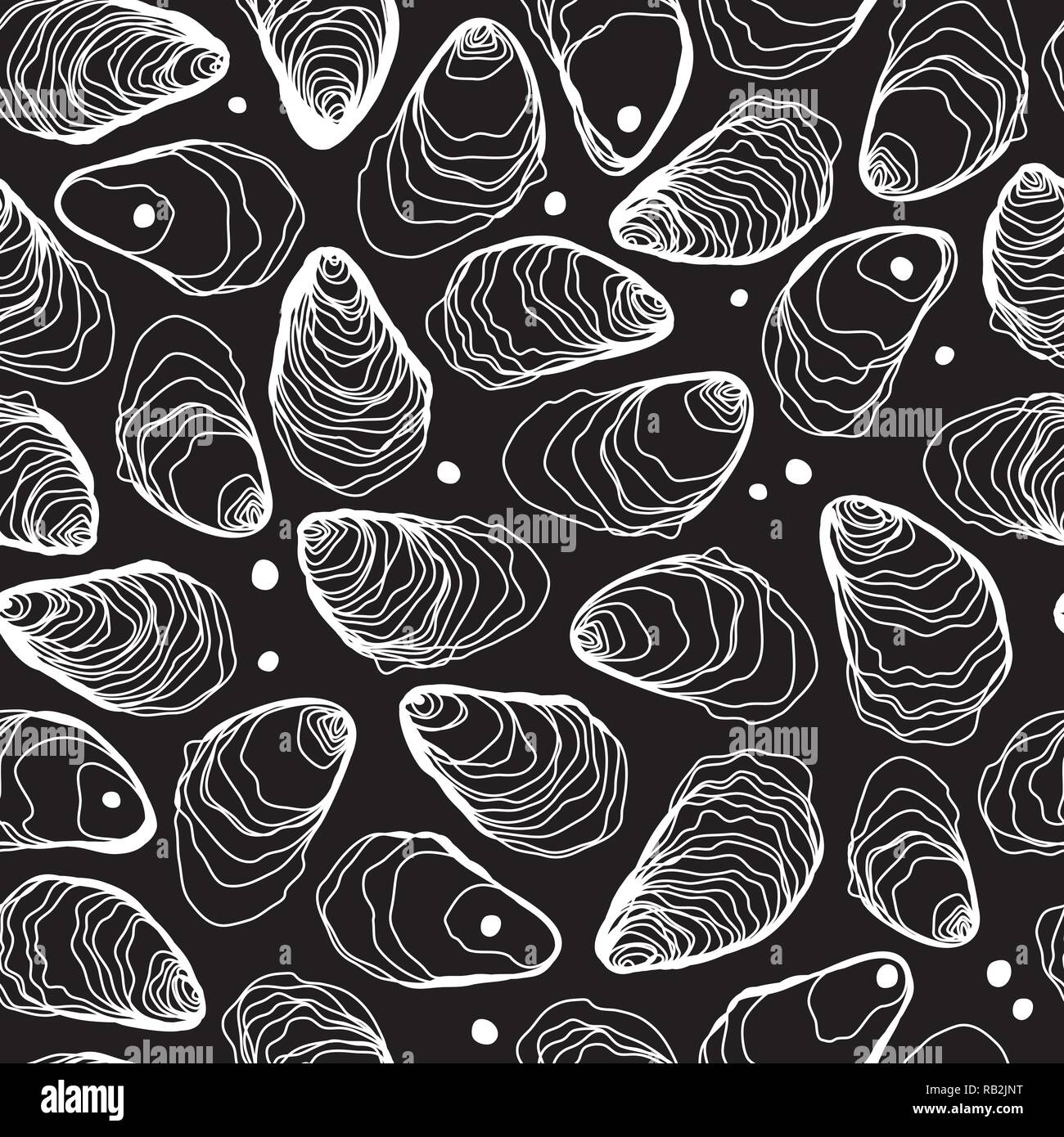 Austern und Perlen Hand gezeichnet Nahtlose Linie Muster auf Schwarz Stock Vektor