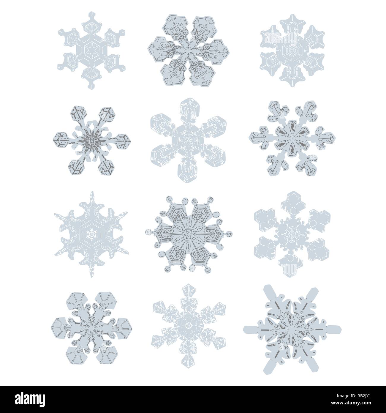 Sammlung von sehr detaillierten isoliert Schneeflocken. Natur gleichermaßen Designs in Blau und Grau Stock Vektor
