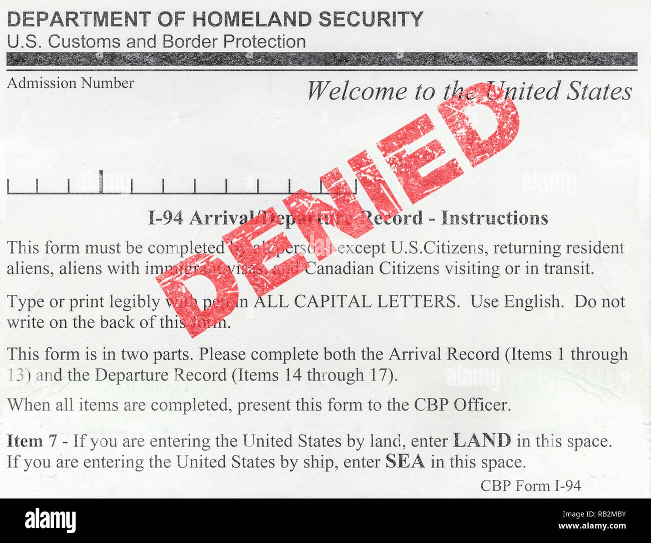 Detail einer Verweigert USA Einwanderung Zoll- und Grenzschutz (Formular I-94) Stockfoto