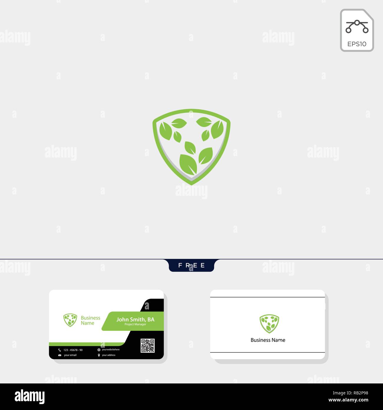 Schild und eco Blatt Natur logo template Vector Illustration und Logo inspiration, kostenlose Business Card Design Stock Vektor