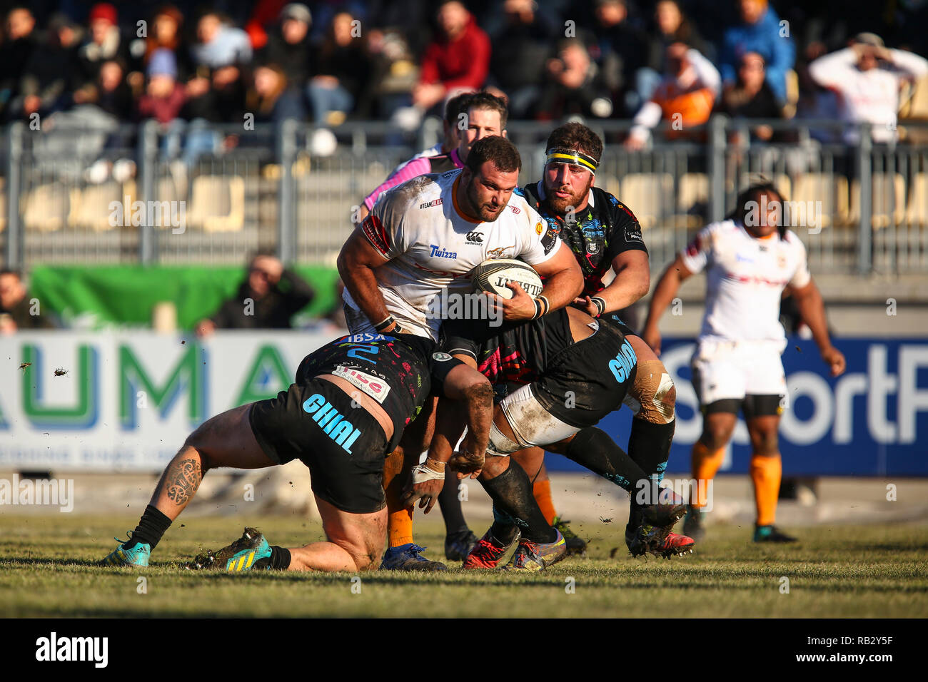 Parma, Italien. 06. Januar, 2019. Geparden prop Aranos Coetzee versucht, den Ball im Spiel gegen Zebre zu halten in GuinnessPro 14 © Massimiliano Carnabuci/Alamy leben Nachrichten Stockfoto