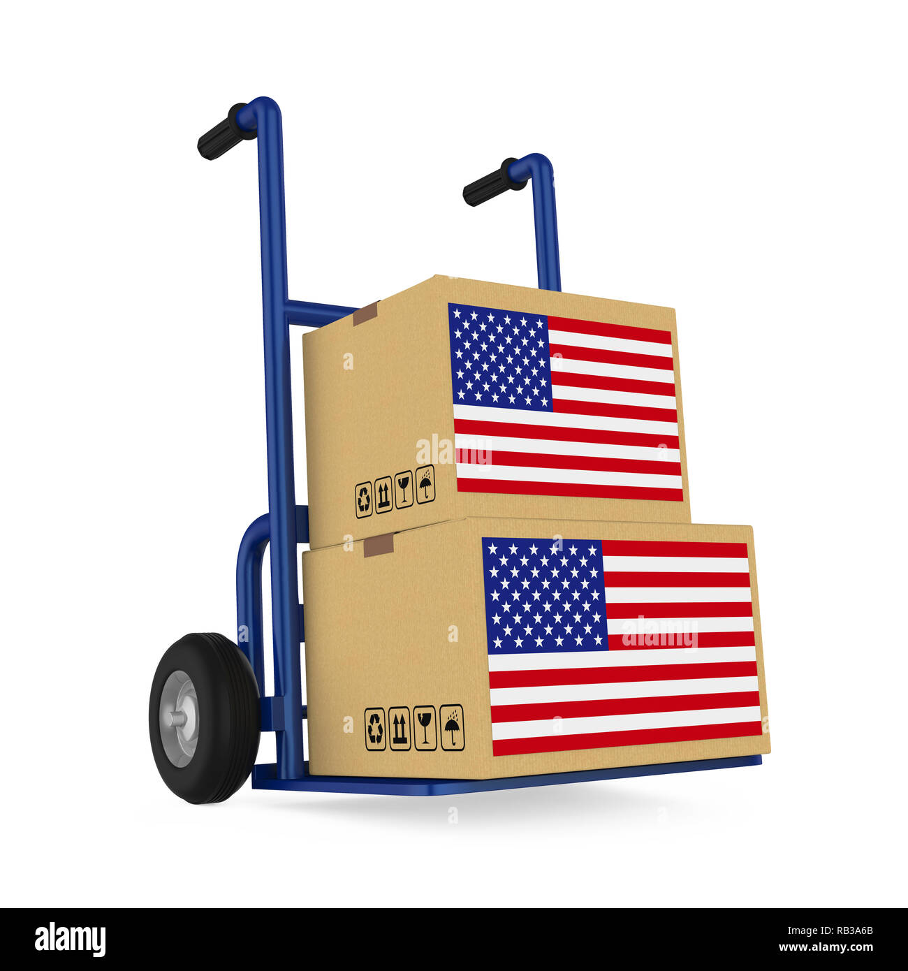 Kartons mit USA-Flagge mit Handtruck isoliert Stockfoto
