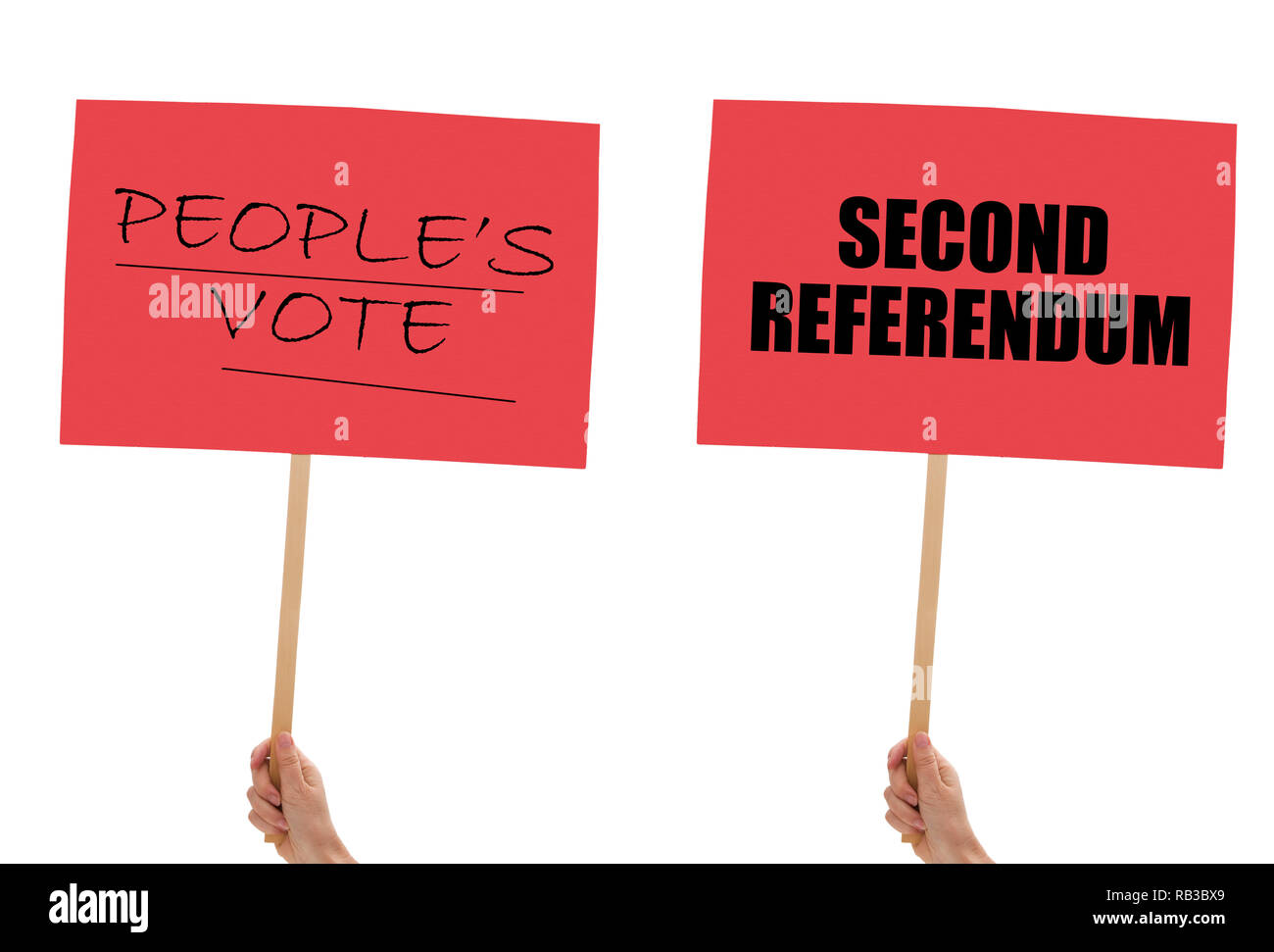BREXIT Banner, Plakate in der Hand auf weißen isoliert. Bleiben, zweites Referendum. Stockfoto