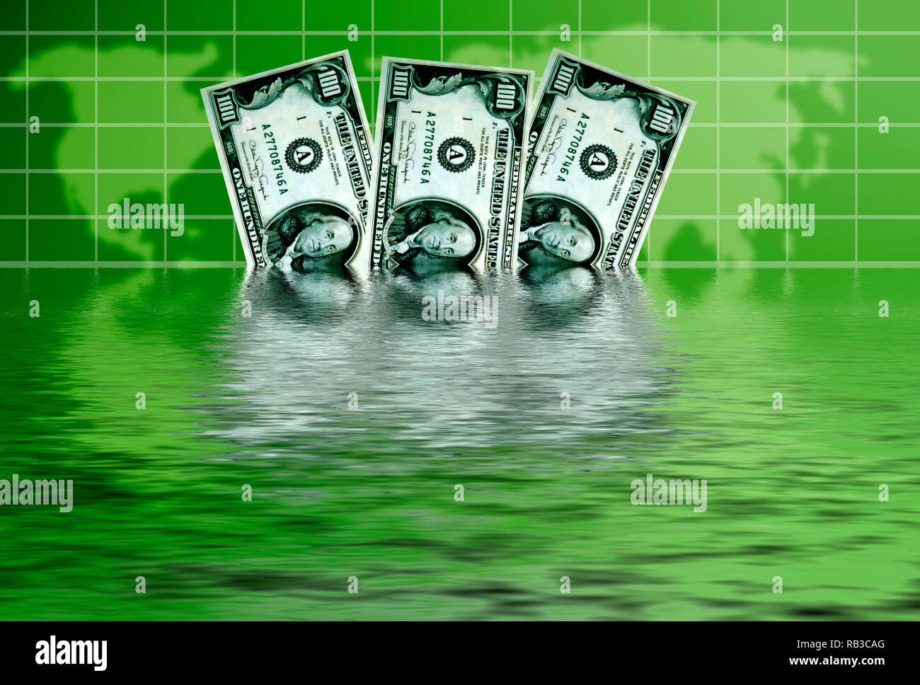 Dollar Banknoten im Wasser versinkt, Konzept für die US-amerikanische Währung an Wert verliert und Wirtschaft Krise Stockfoto