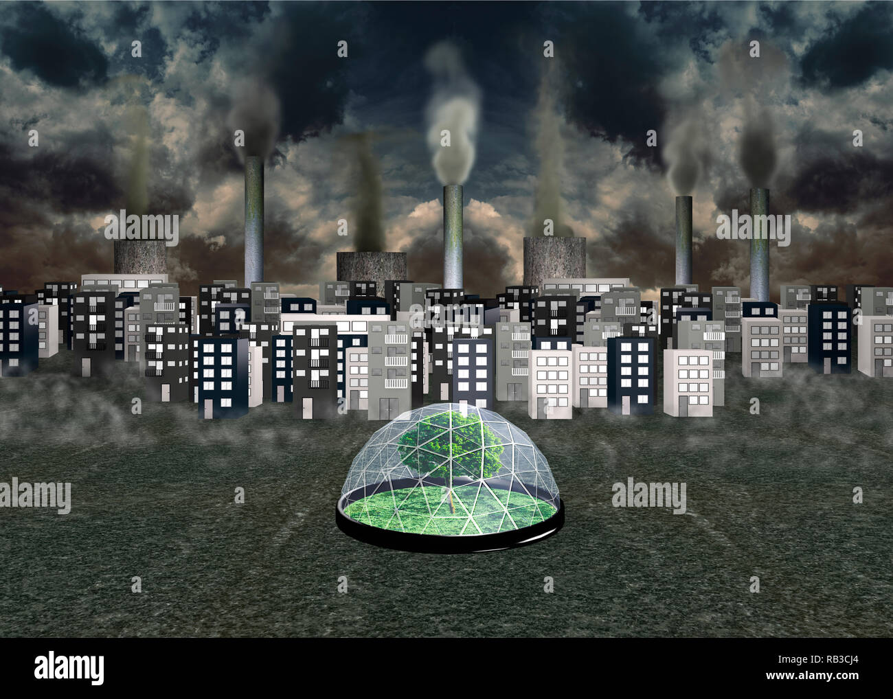 Umweltkonzept: Dark City mit fabrikschloten unter bedrohlichen Himmel. Davor ein grüner Baum unter einer Glaskuppel. 3D-Rendering Stockfoto