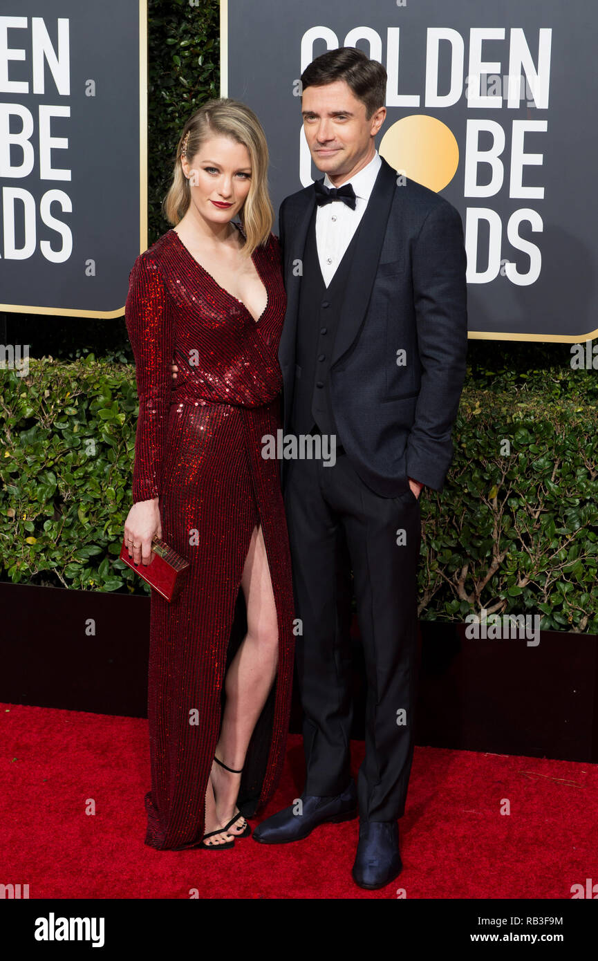 Ashley Hinshaw und Topher Grace nimmt an der 76. jährlichen Golden Globe Awards im Beverly Hilton in Beverly Hills, CA am Sonntag, 6. Januar 2019. Stockfoto