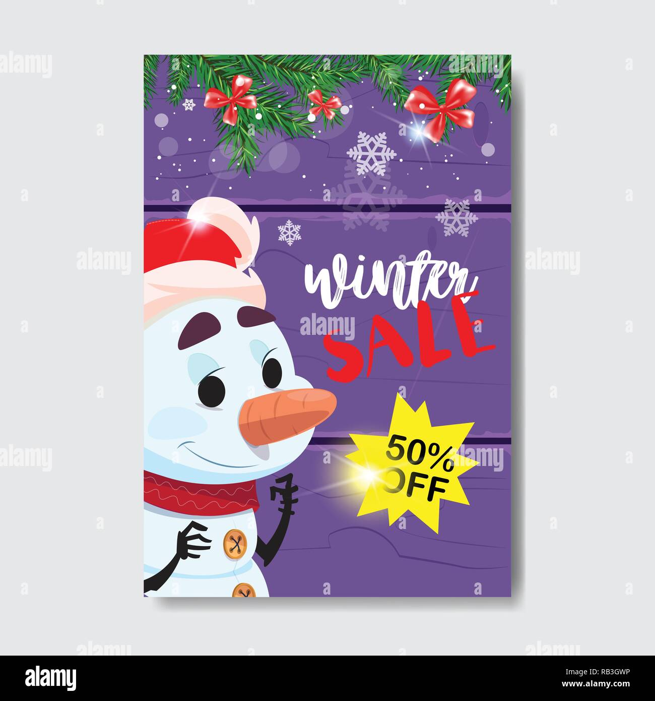 Winter verkauf Flyer Design cute Schneemann fir tree branch Jahreszeit shopping Vorlage Ermäßigung vertikale Poster über violett Holz- Hintergrund flach Stock Vektor