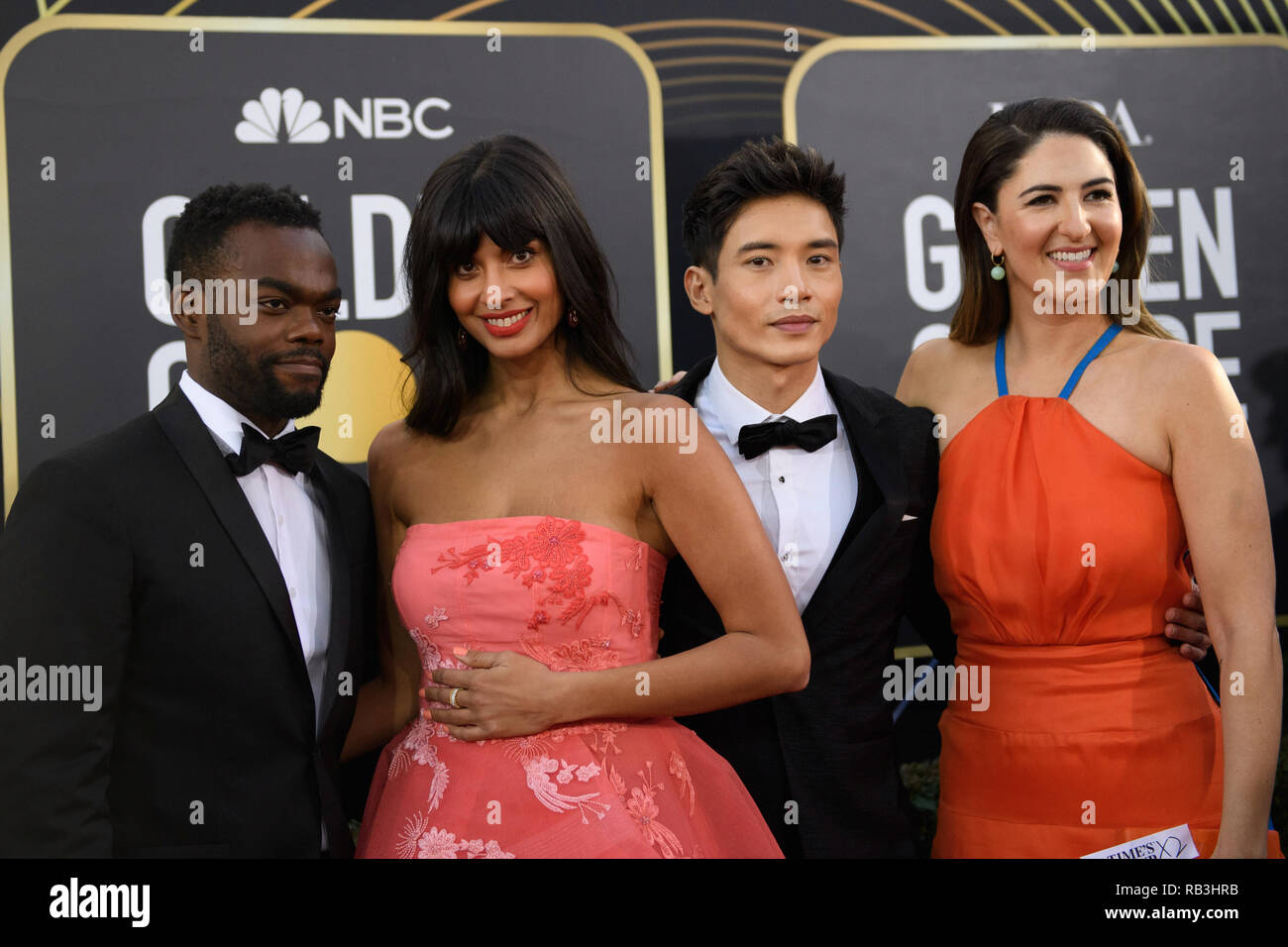 William Jackson Harper, Jameela Jamil, Manny Jacinto und D'Arcy Carden nehmen an der 76. jährlichen Golden Globe Awards im Beverly Hilton in Beverly Hills, CA am Sonntag, 6. Januar 2019. Stockfoto