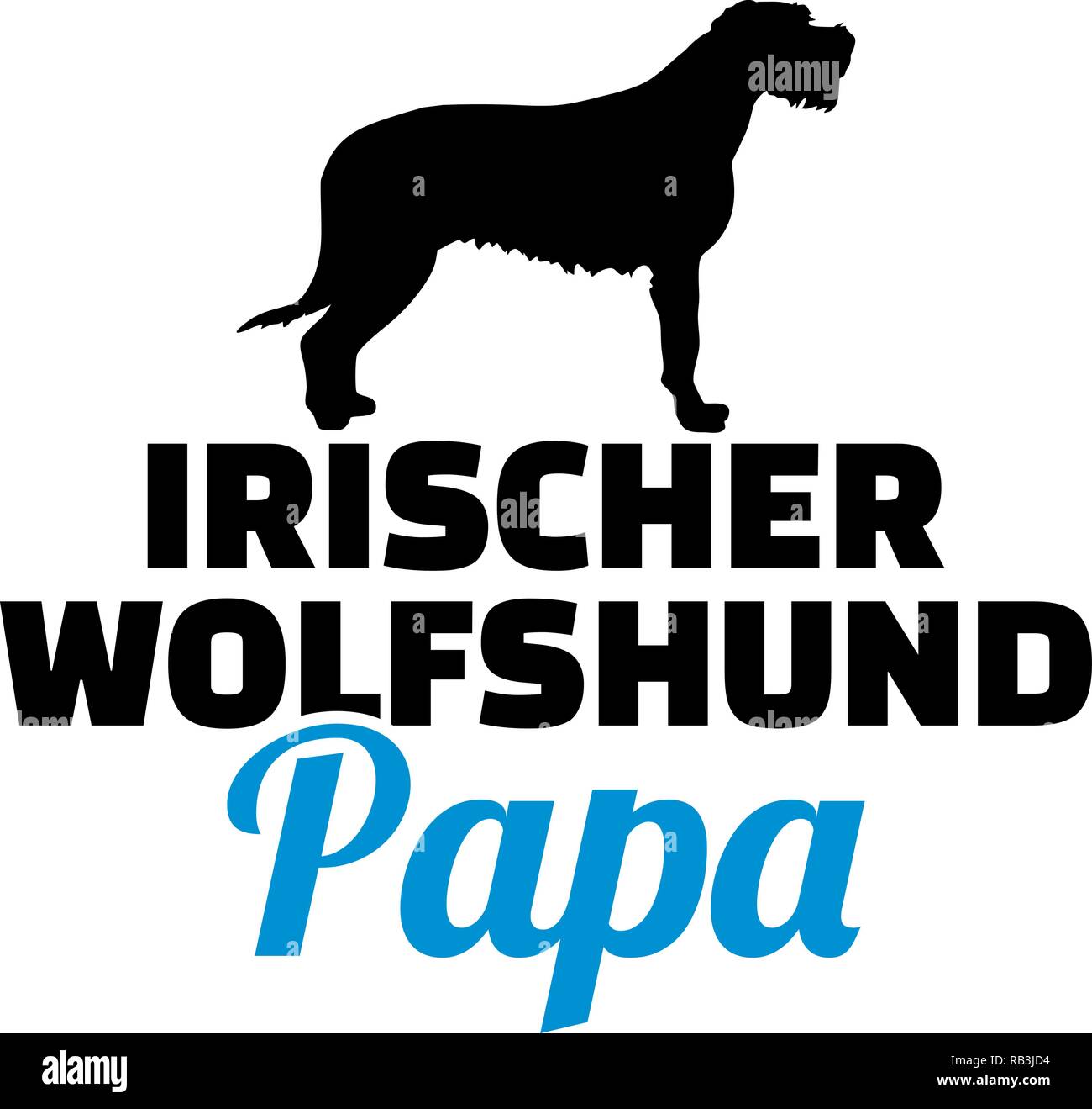 Irish Wolfhound Vati Silhouette mit blaue Wort Deutsch Stock Vektor