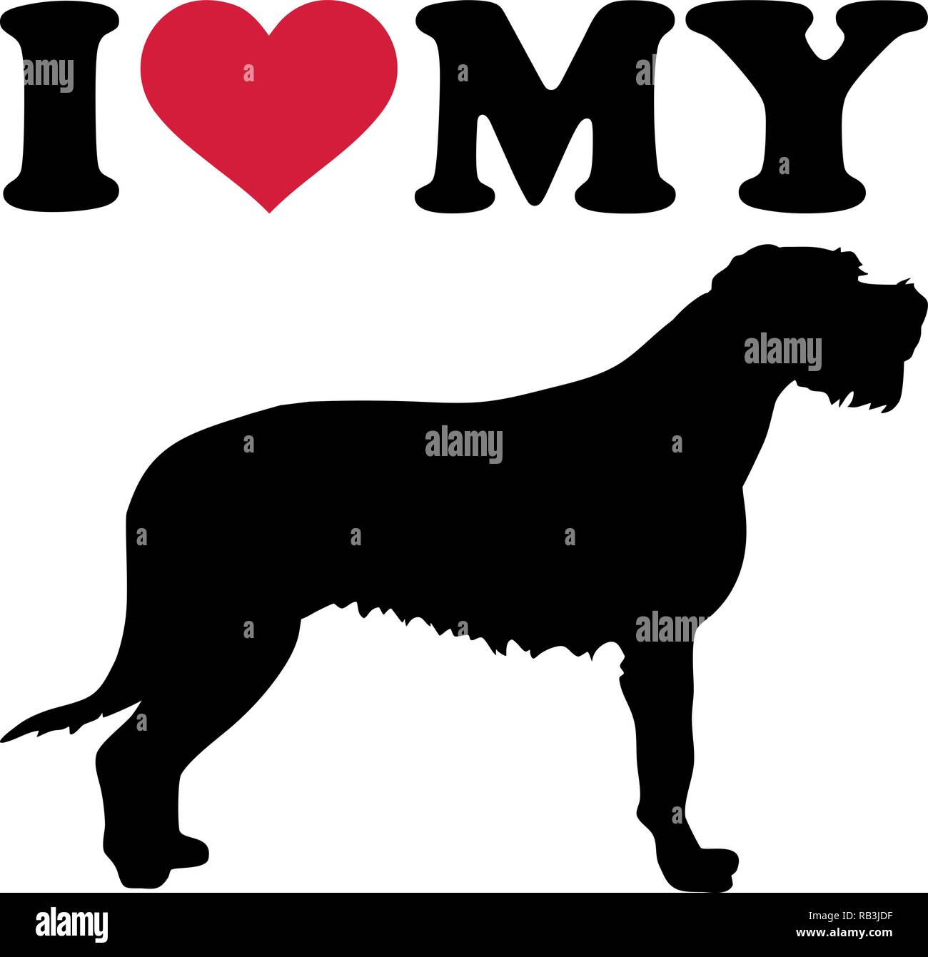 Ich liebe mein Irischer Wolfshund mit roten Herzen und Silhouette Stock Vektor