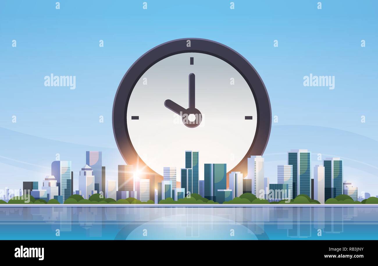 Symbol Uhr Zeitmanagement termin Business timing-Konzept über grosse moderne Stadt Gebäude Wolkenkratzer Skyline skyline Waagrechten Stock Vektor