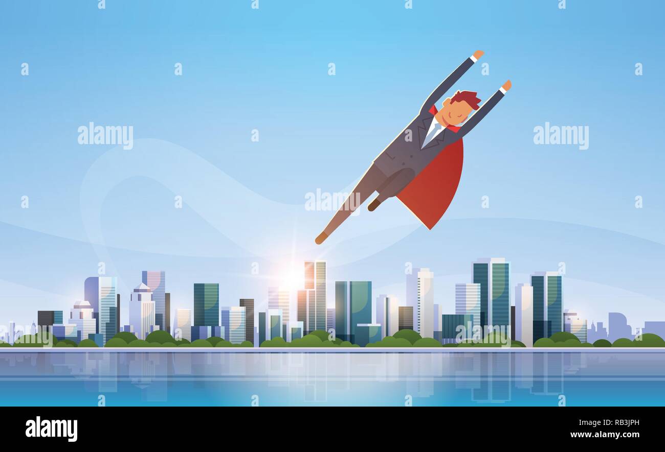 Unternehmer tragen Rot super hero Kap erfolg konzept business Mann fliegen über grosse moderne Stadt Gebäude Wolkenkratzer Skyline skyline Waagrechten Stock Vektor
