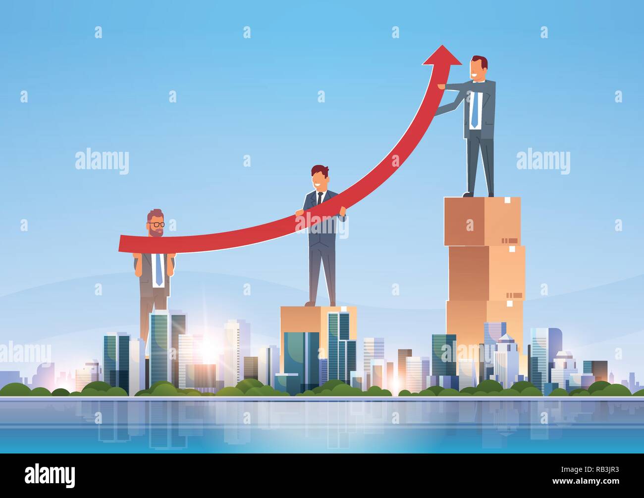 Unternehmer Gruppe heben die Pfeil nach oben geschäftliches Wachstum Konzept erfolgreiche Teamarbeit über grosse moderne Stadt Gebäude Wolkenkratzer Skyline skyline Waagrechten Stock Vektor