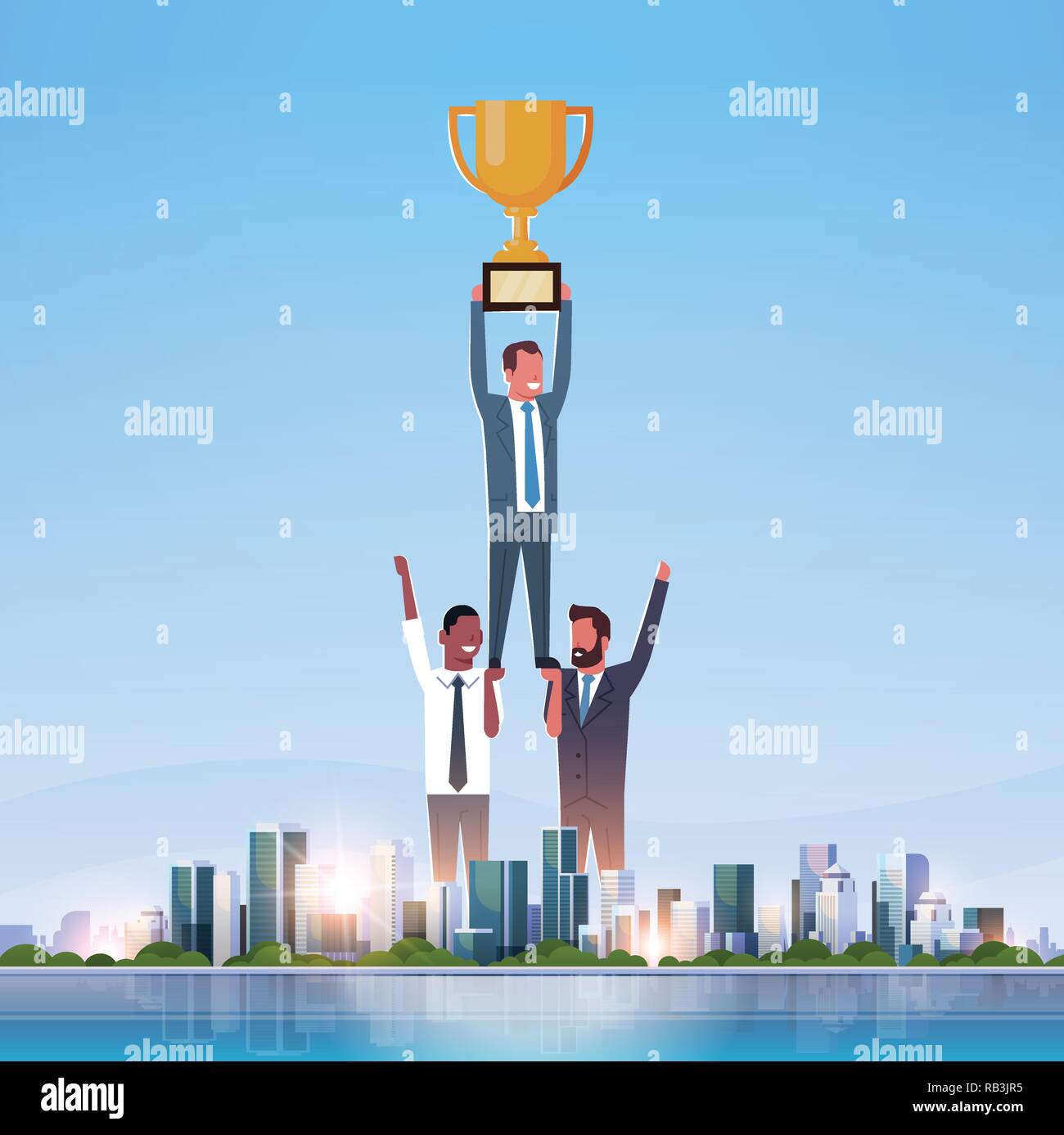 Erfolgreiche Geschäftsleute Group Holding Golden Cup Tannen Sieg Konzept erfolgreiche Teamarbeit über grosse moderne Stadt Wolkenkratzer skyline Skyline waagrechten Platz Stock Vektor