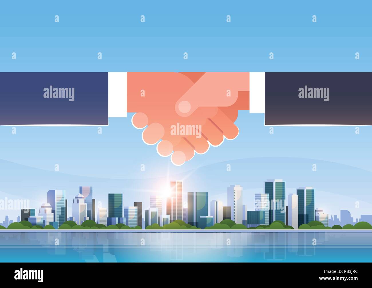 Die Hand schütteln Symbol Business handshake Partnerschaftsabkommen Konzept erfolgreiche Zusammenarbeit in grossen modernen Stadt Wolkenkratzer Skyline skyline Waagrechten Stock Vektor