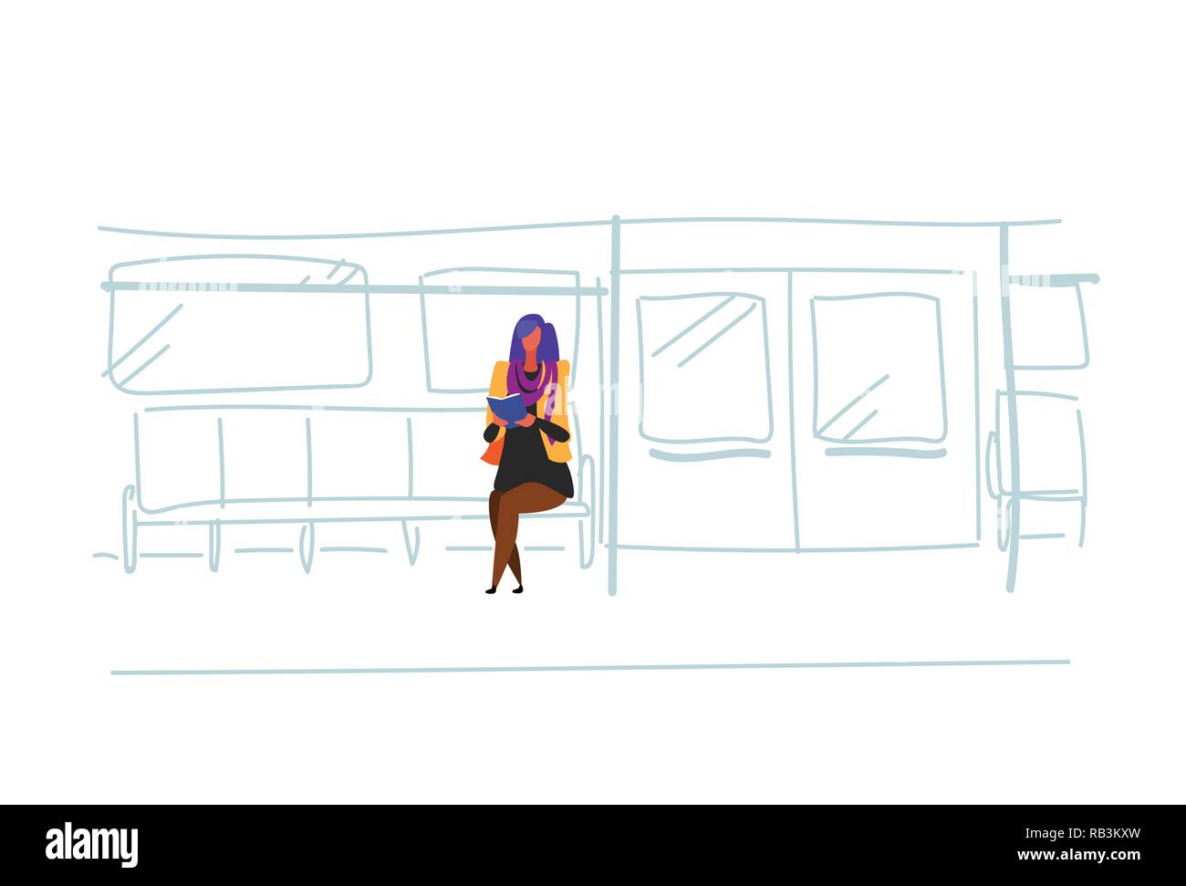 Informelle Besucherin u-bahn Passagiere sitzen u-bahn Buch Interior View Public Underground City Transport Konzept weibliche Comicfigur Skizze doodle horizontale Lesung Stock Vektor