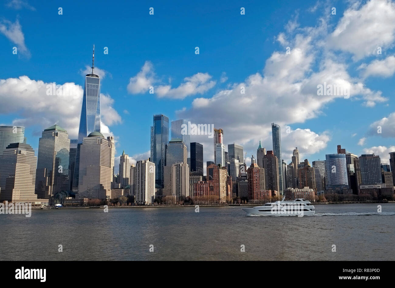 New York Downtown Skyline vom Hudson River in New York City New York City Manhattan Long Island New York State USA Vereinigte Staaten von Amerika Stockfoto