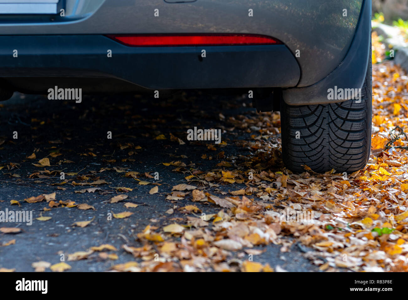 Jahreszeit Reifen ändern. Car mit neuen Winterreifen auf der Straße für Blätter im Herbst. Sicherheit auf einer rutschigen Herbst Straße. Stockfoto