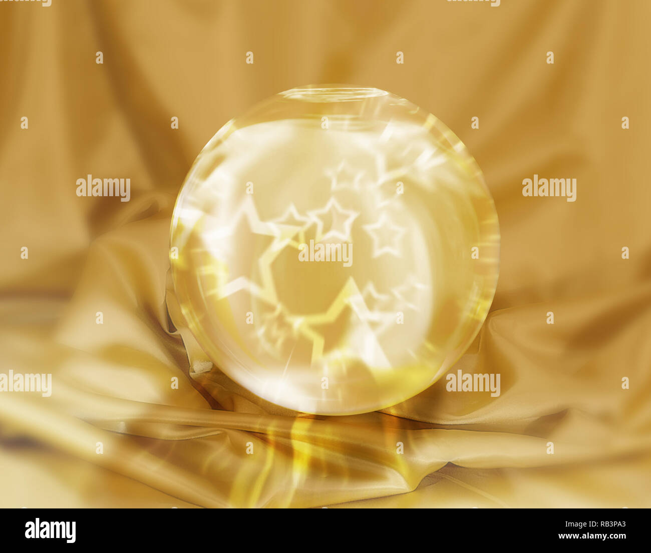 Magic Star Crystal Ball auf einer goldenen Stoff Hintergrund Stockfoto